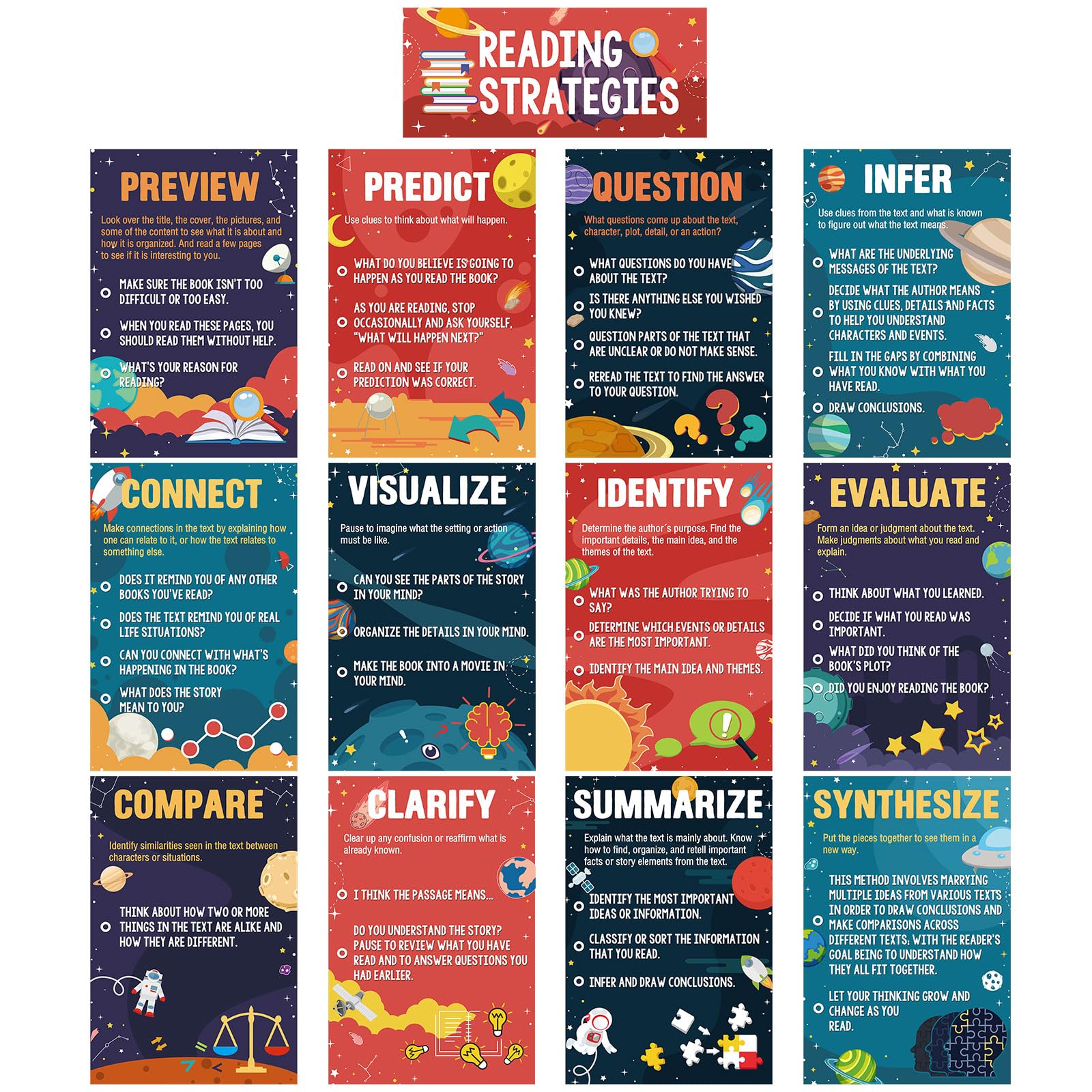 Outus 13 Pcs Reading Strategies Posters Classroom Decorations Reading Bulletin Board Posters Elementary Educational Wall Prints Library Decorations