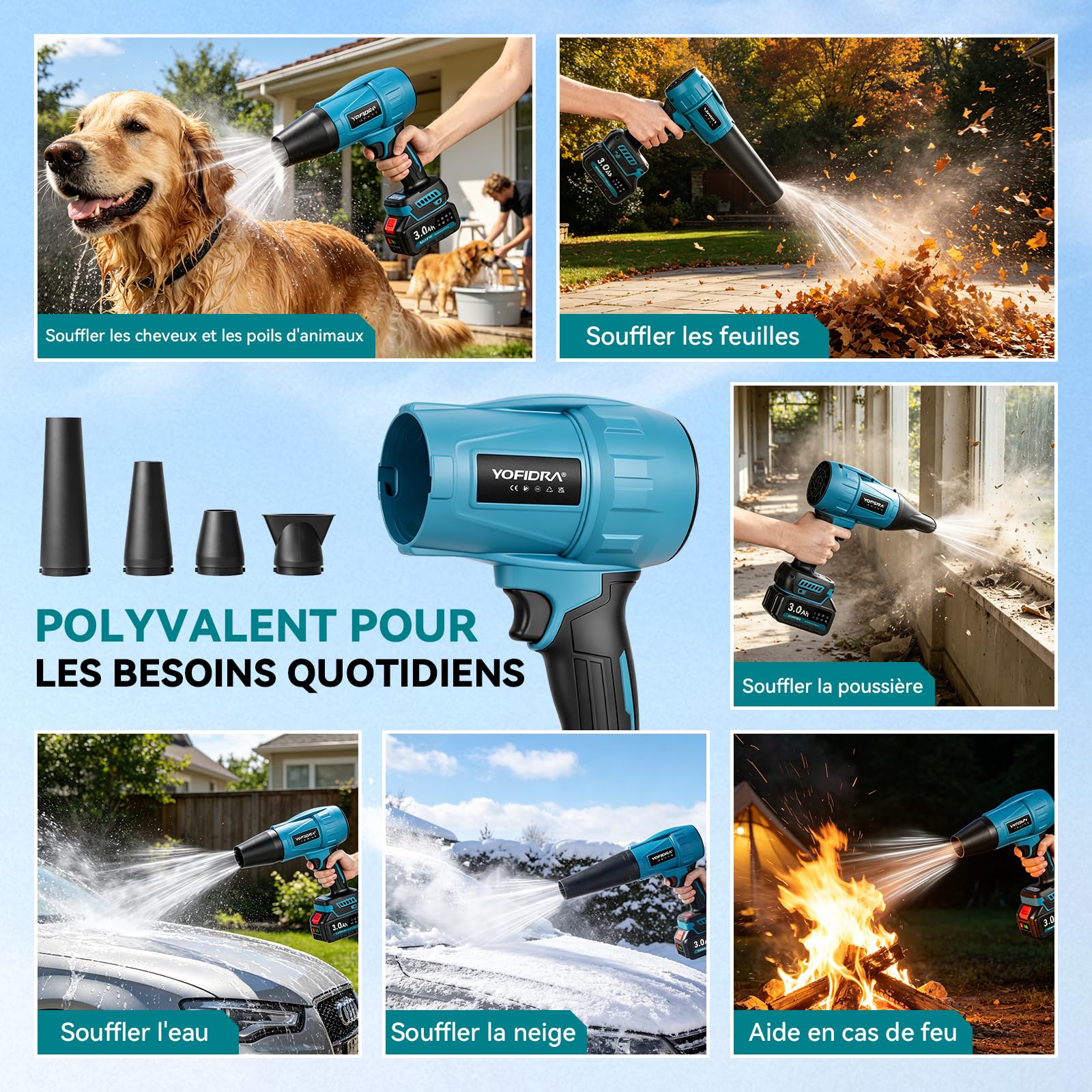 Yofidra Souffleur de Feuilles sans Fil, Mini Souffleur à Feuilles avec Turbocompresseur, 33 000 TR/Min, 300m/s, avec 2 Batteries, 3 Vitesses, 4 Buses, pour Jardin, Voiture, Terrasse et