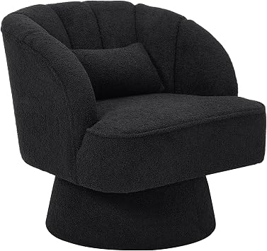 Modern 360 Swivel Barrel Accent Chair, Teddy Fleece Upholstered Armchair with Soft Pillow, Lounge Wide Upholstered Round Reading Chair, Single Sofa Seatin for Living Room,Bedroom,VanityBlack