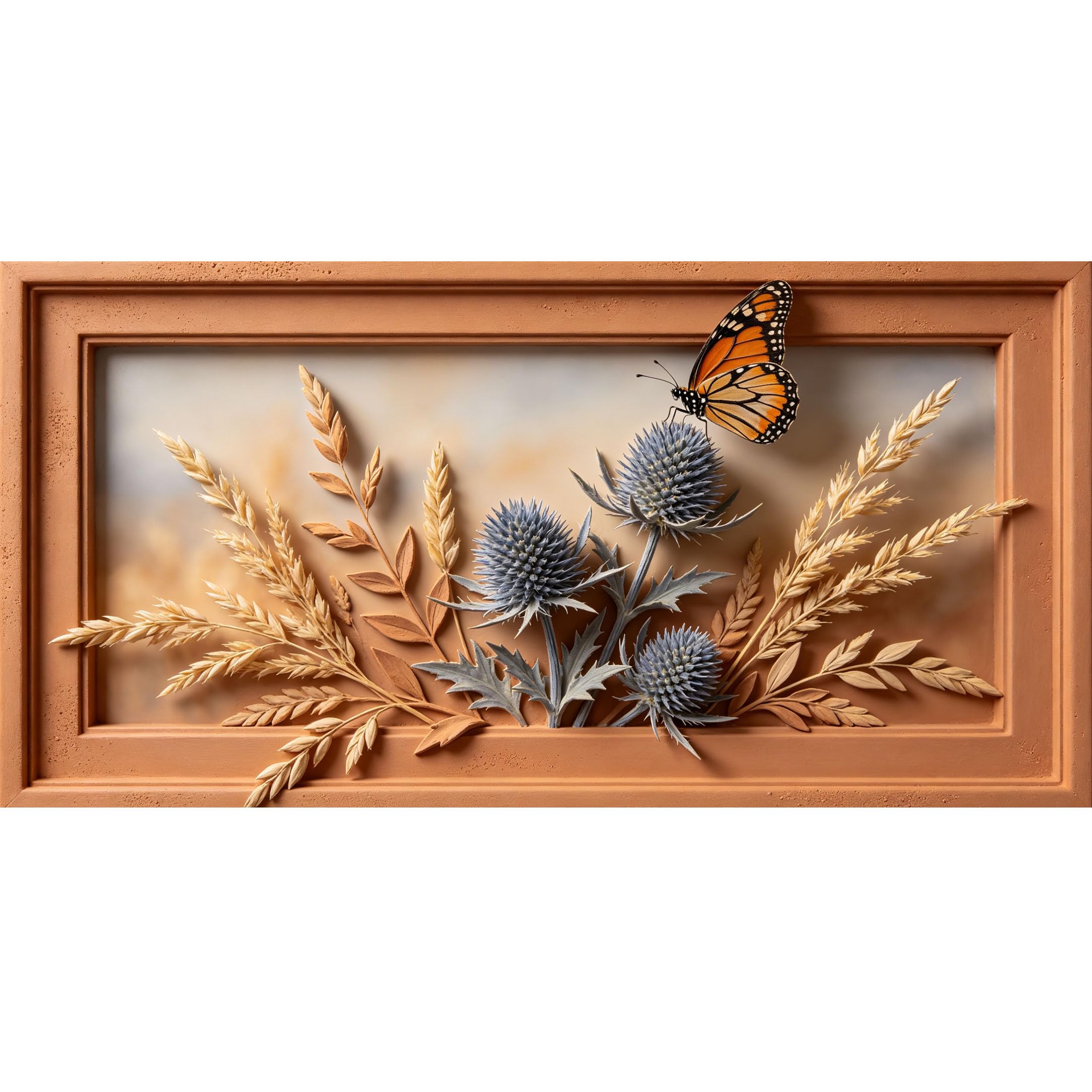 Agglomerix 3D Framed Wall Art Thistle Butterfly Wheat Botanical Textured Relief Effect Large Size Self-Adhesive Removable Wall Decor Prints Artwork for Living Room Bedroom Office