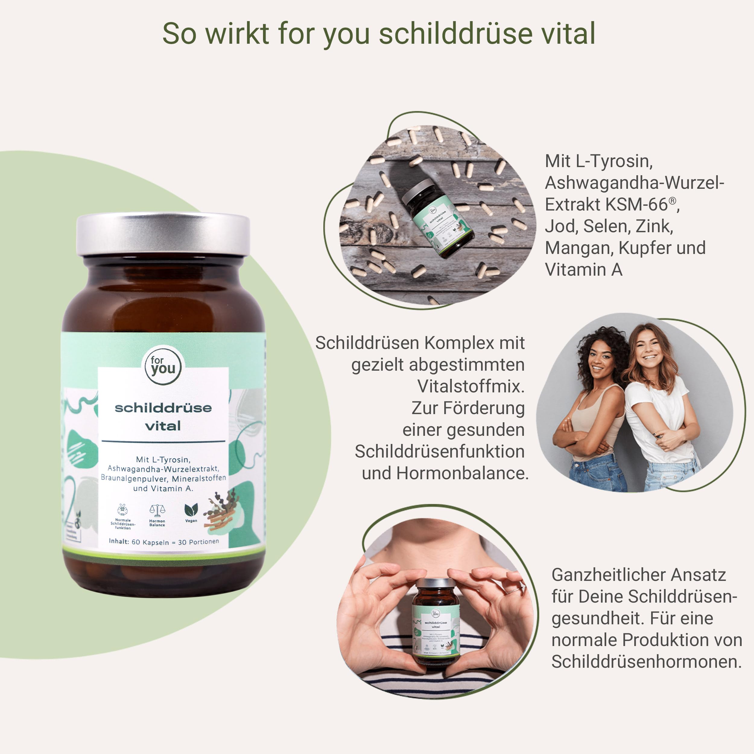 for you schilddrüse vital - mit gezielt abgestimmten Vitalstoffmix zur Förderung einer gesunden Schilddrüsenfunktion & Hormonbalance - mit L-Tyrosin, Ashwagandha, Jod, Selen (1)