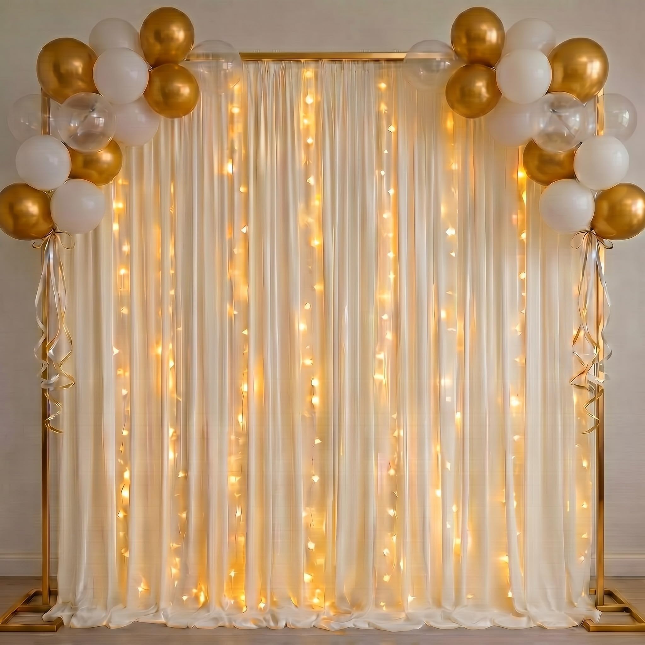 Fumete Soporte de telón de fondo dorado de 8 x 8 pies con cortina y kit de luces LED, cortina de 5 x 10 pies, 2 paneles con bolsillos para barra y cadena de luces ajustables para boda, fiesta de