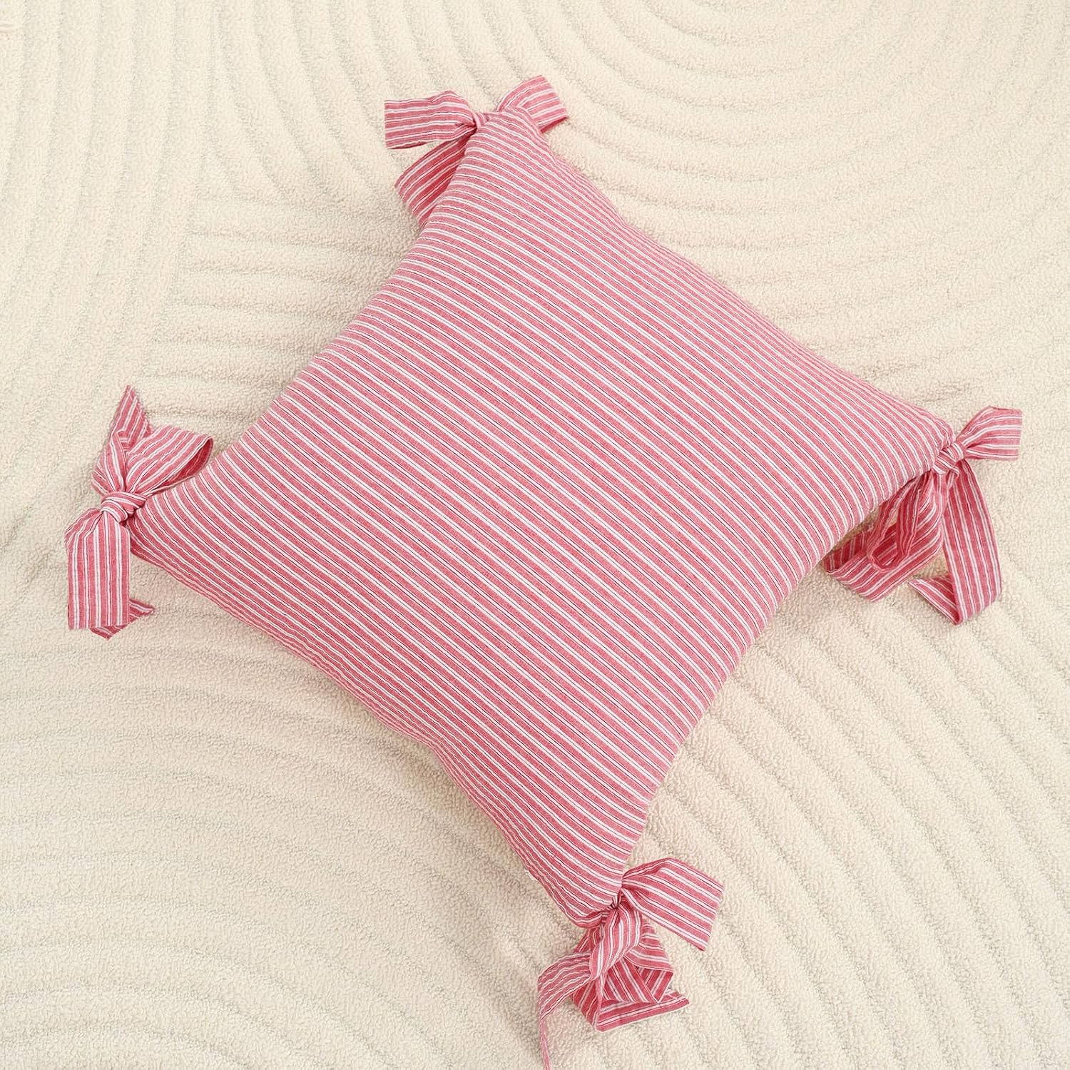 vctops Pack of 2 Cotton Stripe Decorative Throw Pillow Covers 18x18 Inch Boho Bow Square Cushion Cover Pillowcase Modern Farmhouse Home Decor for Sofa Bedroom Couch (Dark Pink,18"x18")