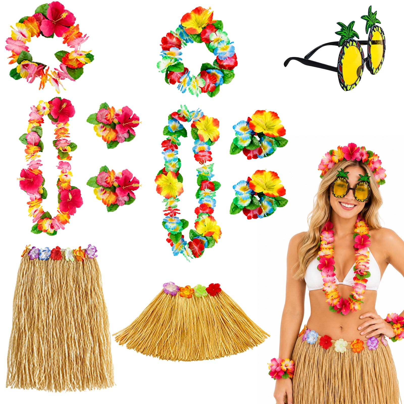 XazNvc 9 PCS Hawaiian Fancy Dress, Complete Tropical Party Outfit Set with Flower Headbands, Bracelet Pairs, Flower Necklaces, Long and Short Grass Skirts, Sunglasses, Beach Luau and Festival Costume