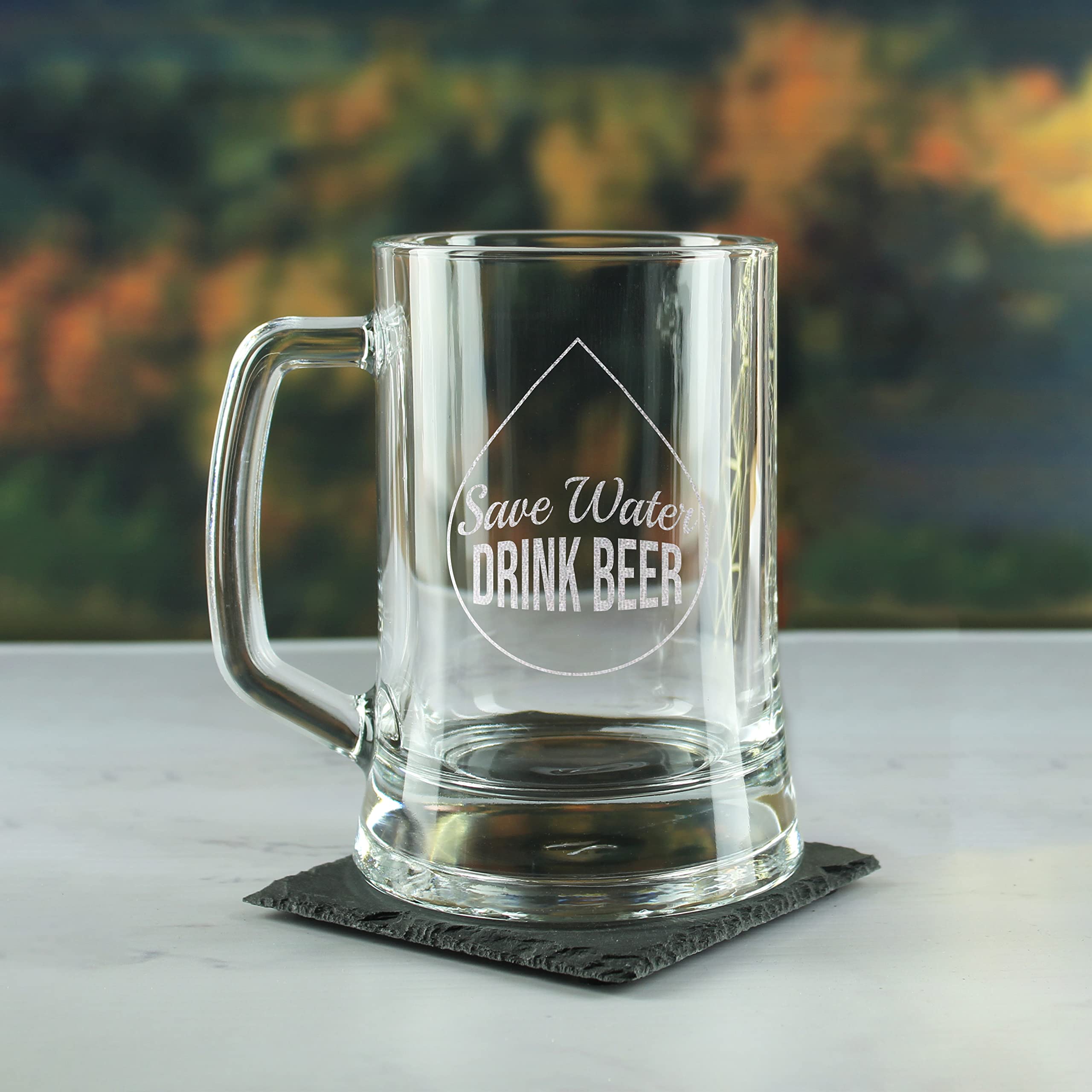 Tazza da birra divertente incisa, Save Water Drink Beer, Stein in vetro, può contenere fino a 480 ml, regalo per lui, regalo per papà, festa del papà, confezione regalo, incisa nel Regno Unito