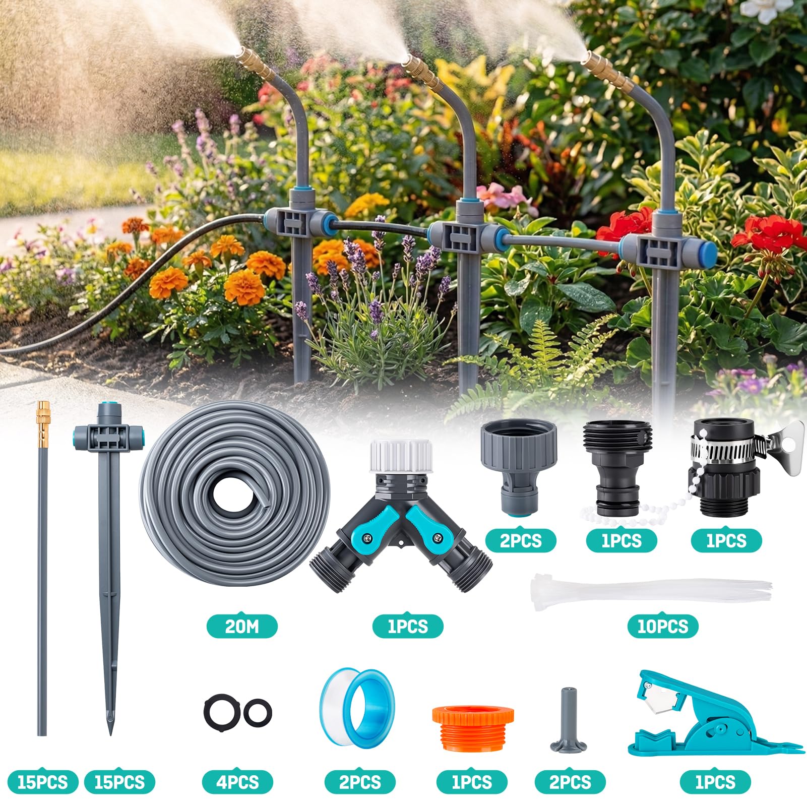 Système d'irrigation de jardin avec piquet de terre réglable à 360 ° - Arrosage goutte à goutte - Contrôle précis du débit - Système d'arrosage - Système de refroidissement pour serre, parterre