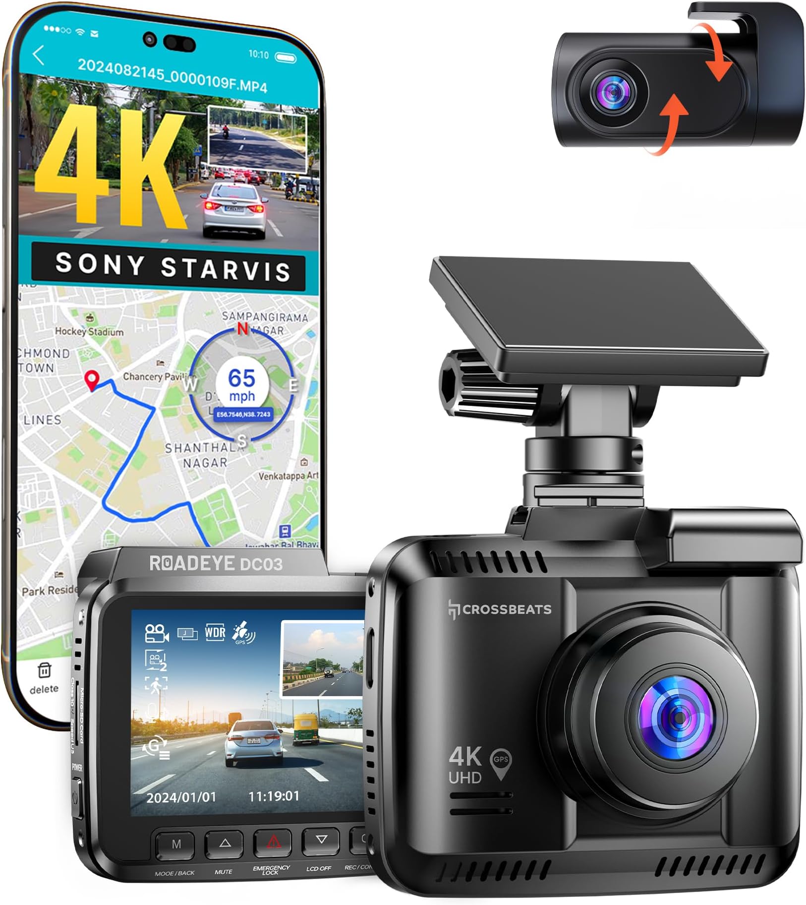 Crossbeats RoadEye 3.0 4K UHD 8MP Dash Camera for Car Front and Rear| Sony STARVIS IMX335 Sensor| GPS Logger & ADAS (4K UHD)