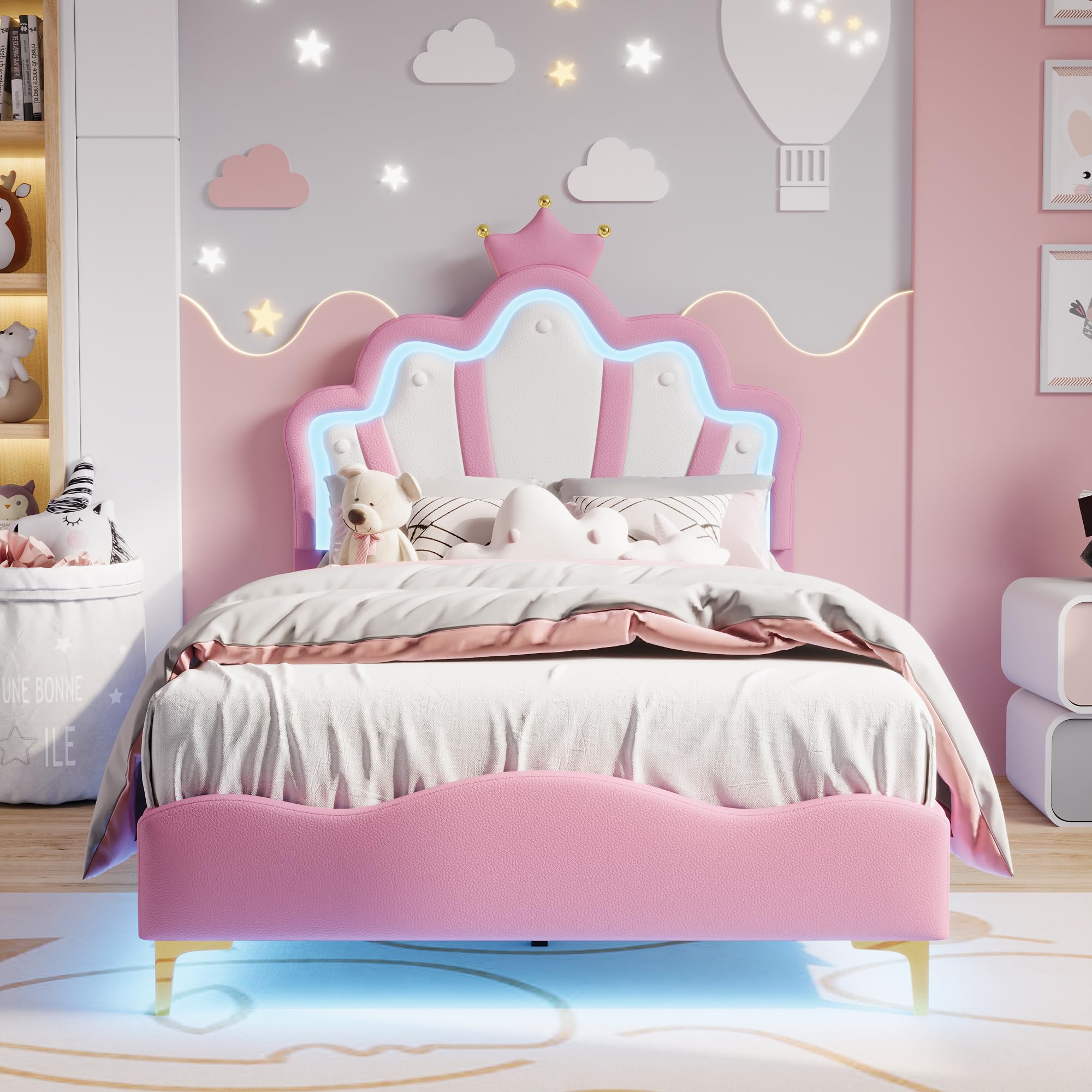 Lit Enfant Rembourré 90x200 cm pour Fille, Lit Princesse à Tête de Lit en Forme de Couronne, avec Bandeau LED Lumineux Réglable, PU Rose (sans Matelas)