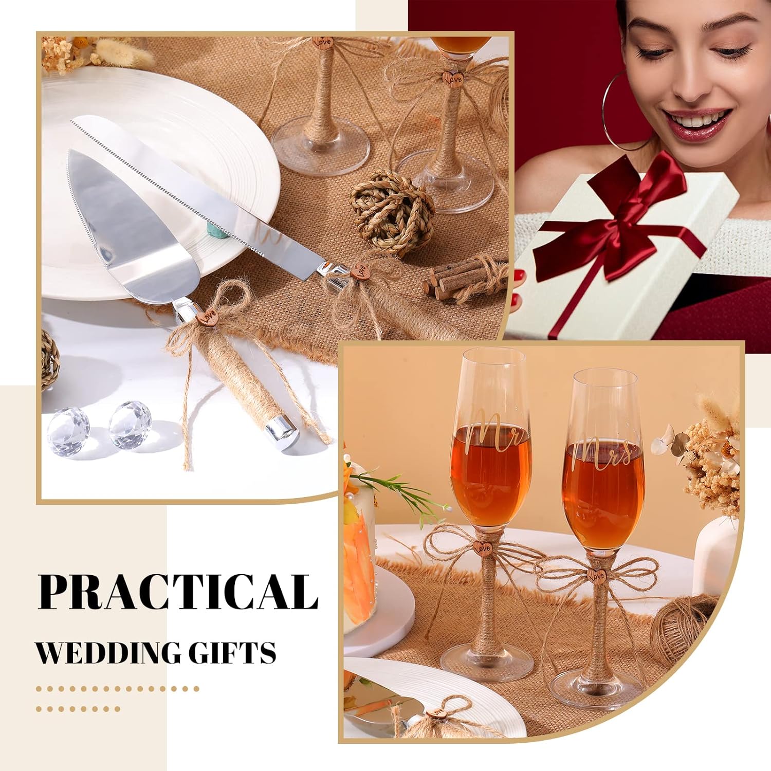 Boao 4 Piece Wedding Toasting Flutes and Cake Server Set Champagne Glasses and Cake Knife Server Set with Burlap Bow Mr and Mrs Flute Wedding Reception Supplies