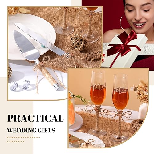 Miniatura 5 de Boao Juego de 4 flautas de tostadas de boda y servidor de tartas, copas de champán y cuchillos para tartas, con lazo de arpillera, flauta de señor y