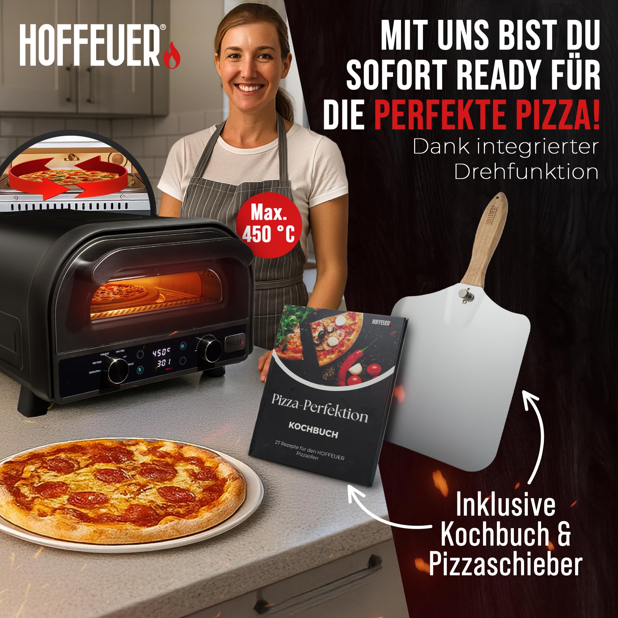 Horno eléctrico para pizza – Horno eléctrico profesional para pizza para el hogar con piedra para pizza, función giratoria y accesorios | Pizza como del horno de piedra, horno para tartas