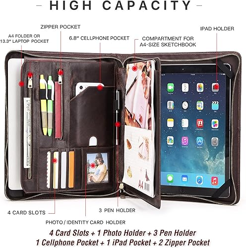 Miniatura 4 de Cartera grande de cuero de grano superior de 12.9 pulgadas, diseño vintage sólido, hecho a mano, gran capacidad, multifuncional, con cremallera,