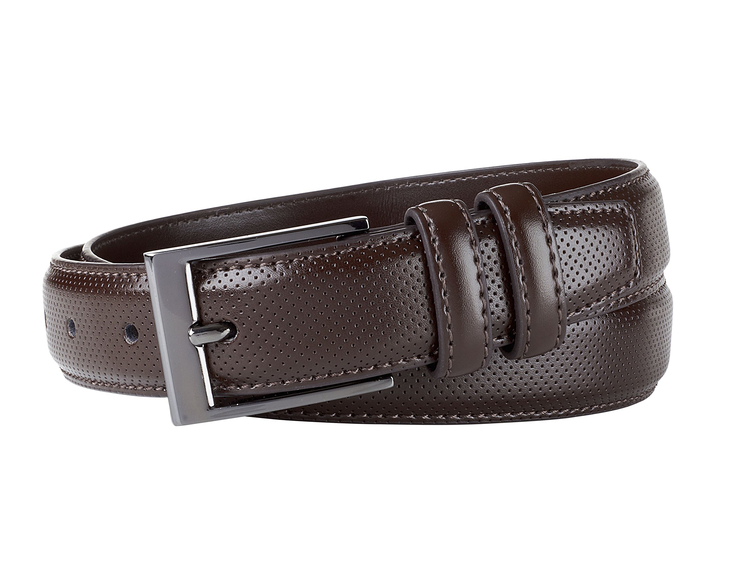 Sportoli Men's Classic Stitched Genuine Leather Uniform Dress Buckle Belt - Brown Perforated - Size 38 (Waist 36)