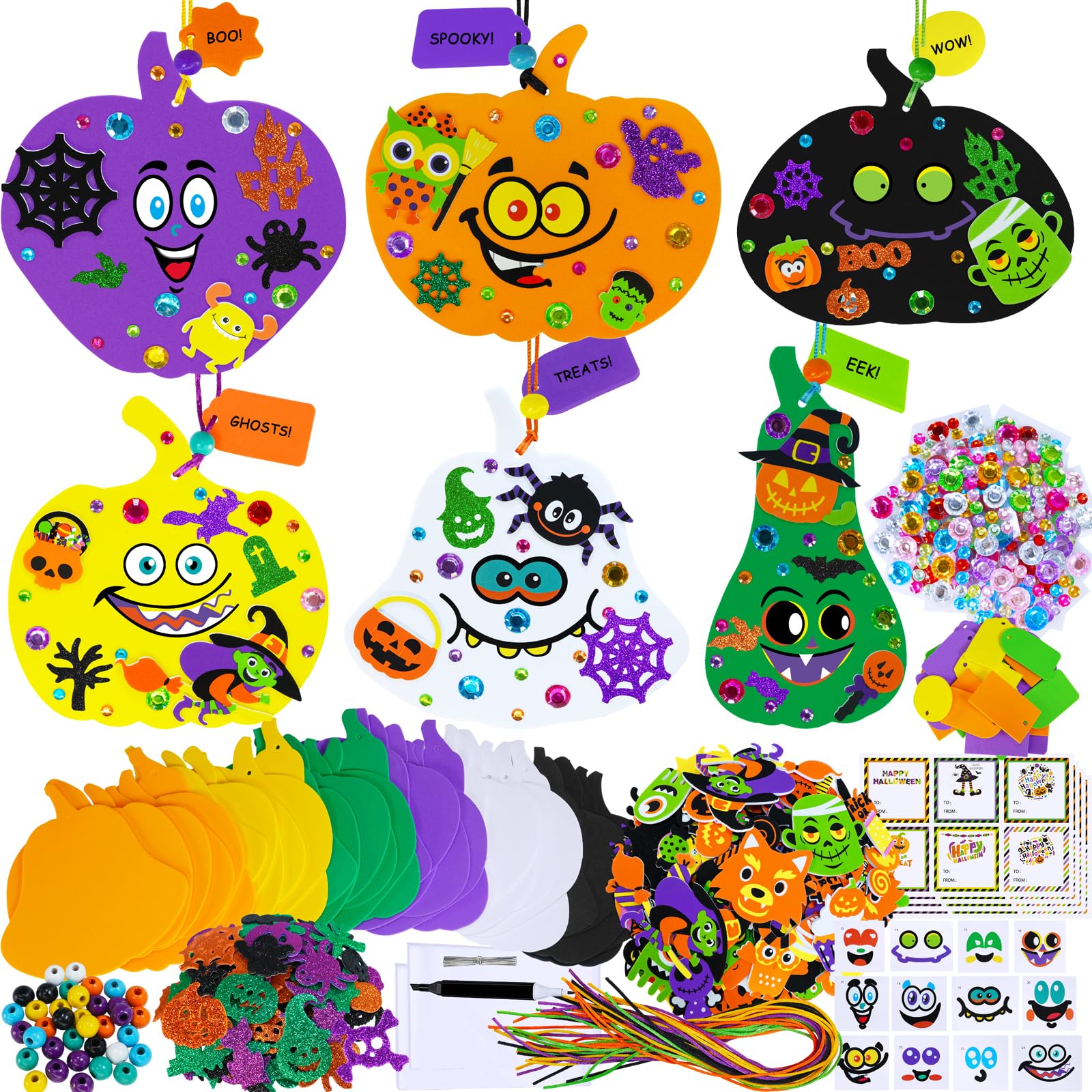 Winlyn 36 Sets Halloween Craft Kits — Fall Crafts DIY Halloween Pumpkin Ornaments Art Set — Bat Monster Foam Stickers, Halloween Arts and Crafts for Kids, Classroom Activities Party Favors (Trick-Or-Treaters)