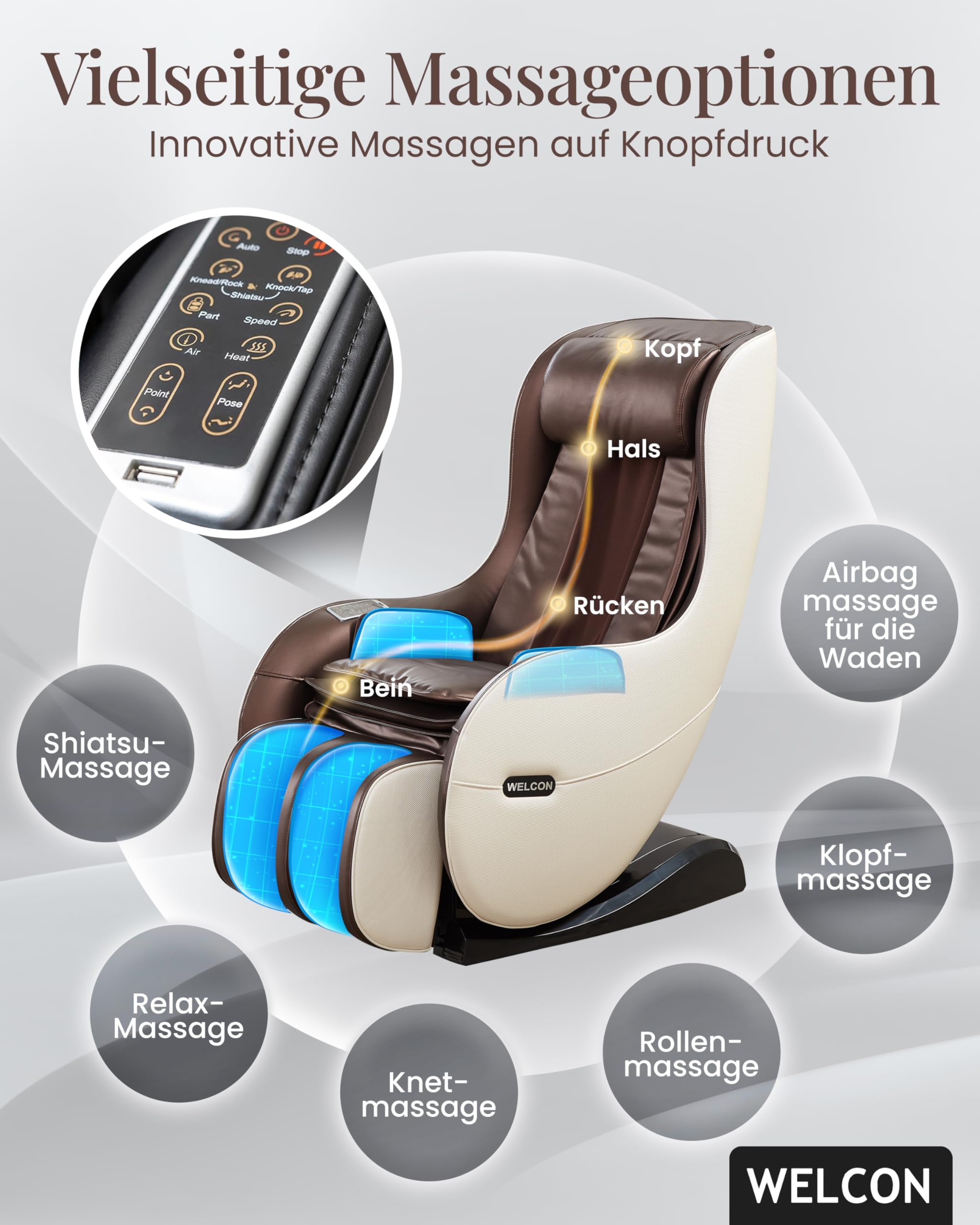 WELCON EASYRELAXX Massagesessel elektrisch in Beige-Braun – L-Shape Relaxsessel mit Automatikprogrammen, Knetmassage & Klopfmassage, Ganzkörper-Massagestuhl für Zuhause