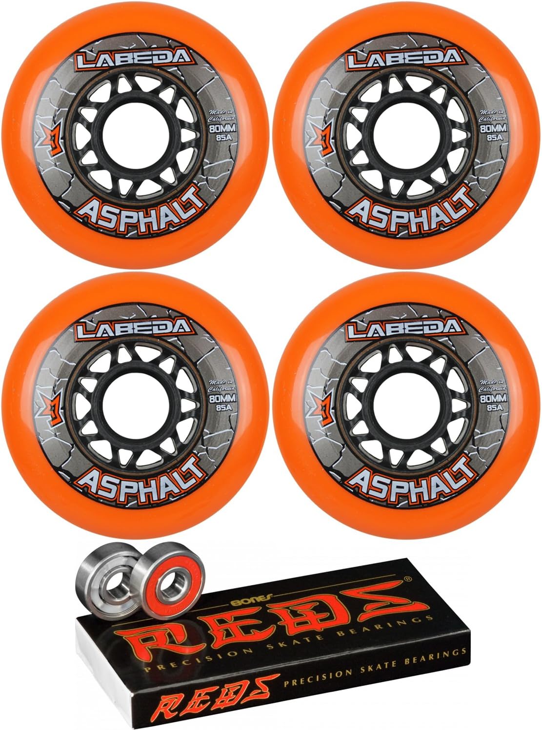 Labeda Asphalt Inline Roller Hockey Wheels 80mm Orange 85A 4-Pack Bones Reds