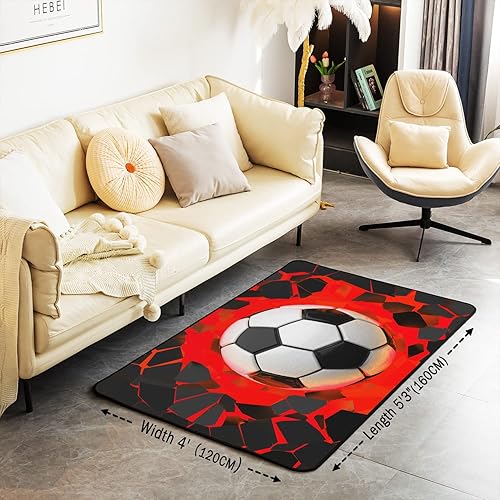 Miniatura 3 de Alfombra de fútbol de 5 x 7 pies para niños, temática deportiva, para sala de estar, dormitorio, hombres, hombres, rojo y negro, patrón de pelota de