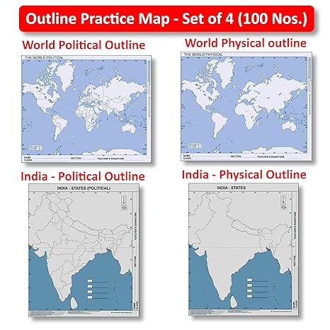 India and World's OutLine Map (100 Nos) : Set of 4 (25 each type Nos)