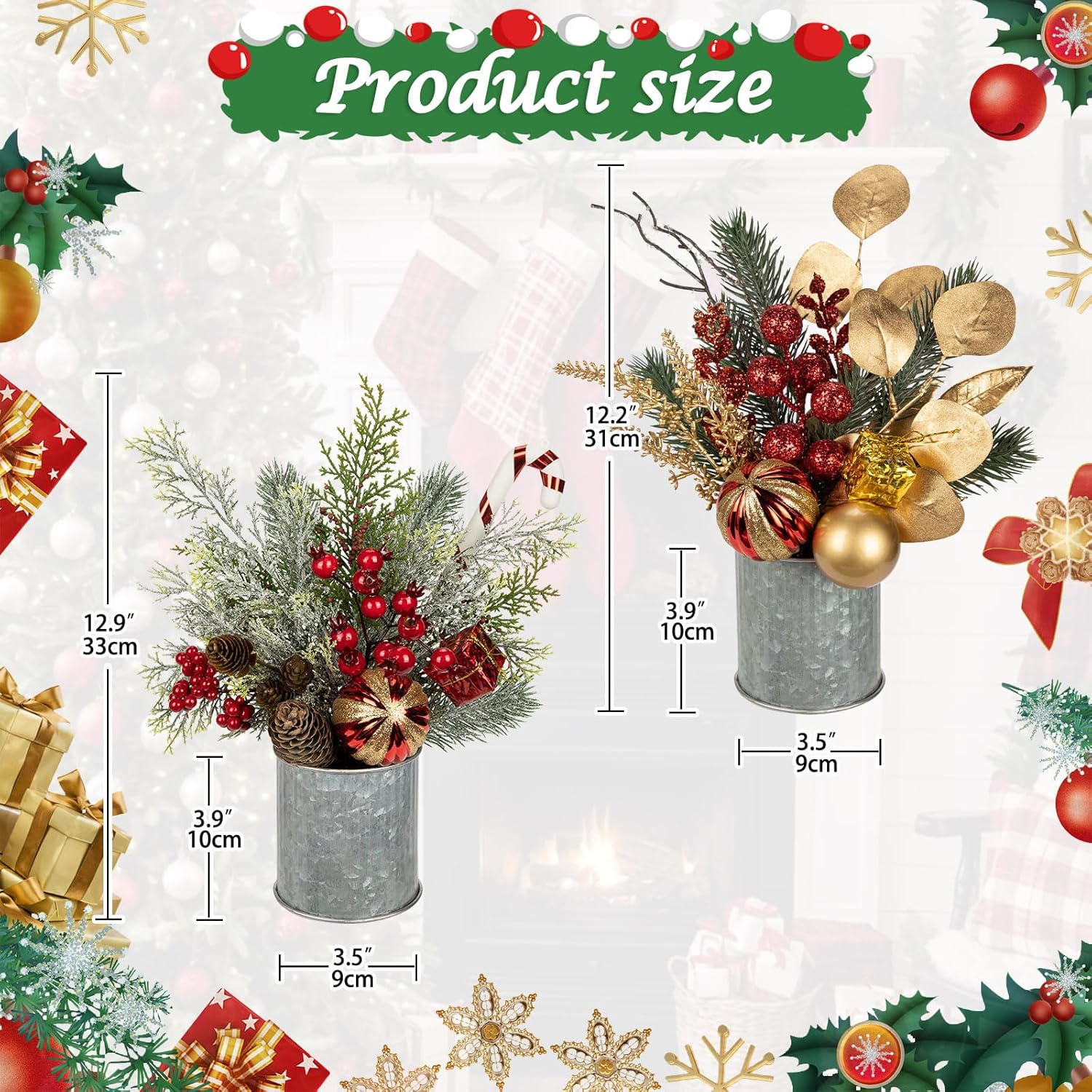 Hollyone 2 Pack Christmas Table Decorations 12" Artificial Small Christmas Tree Potted Plant with Christmas Ball Ornaments Fake Berries Pine Cones for Indoor Home Office Xmas Party Centerpieces Decor