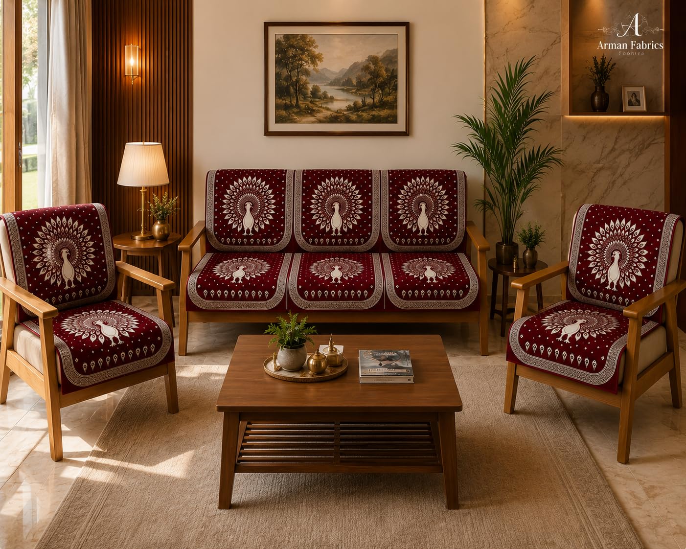 5 Seater Cotton Sofa Cover Set (3+1+1) | Premium Peacock Design | Washable Furniture Protector | Soft Cotton Blend Fabric | Living Room Sofa Slipcover | Maroon-image-11
