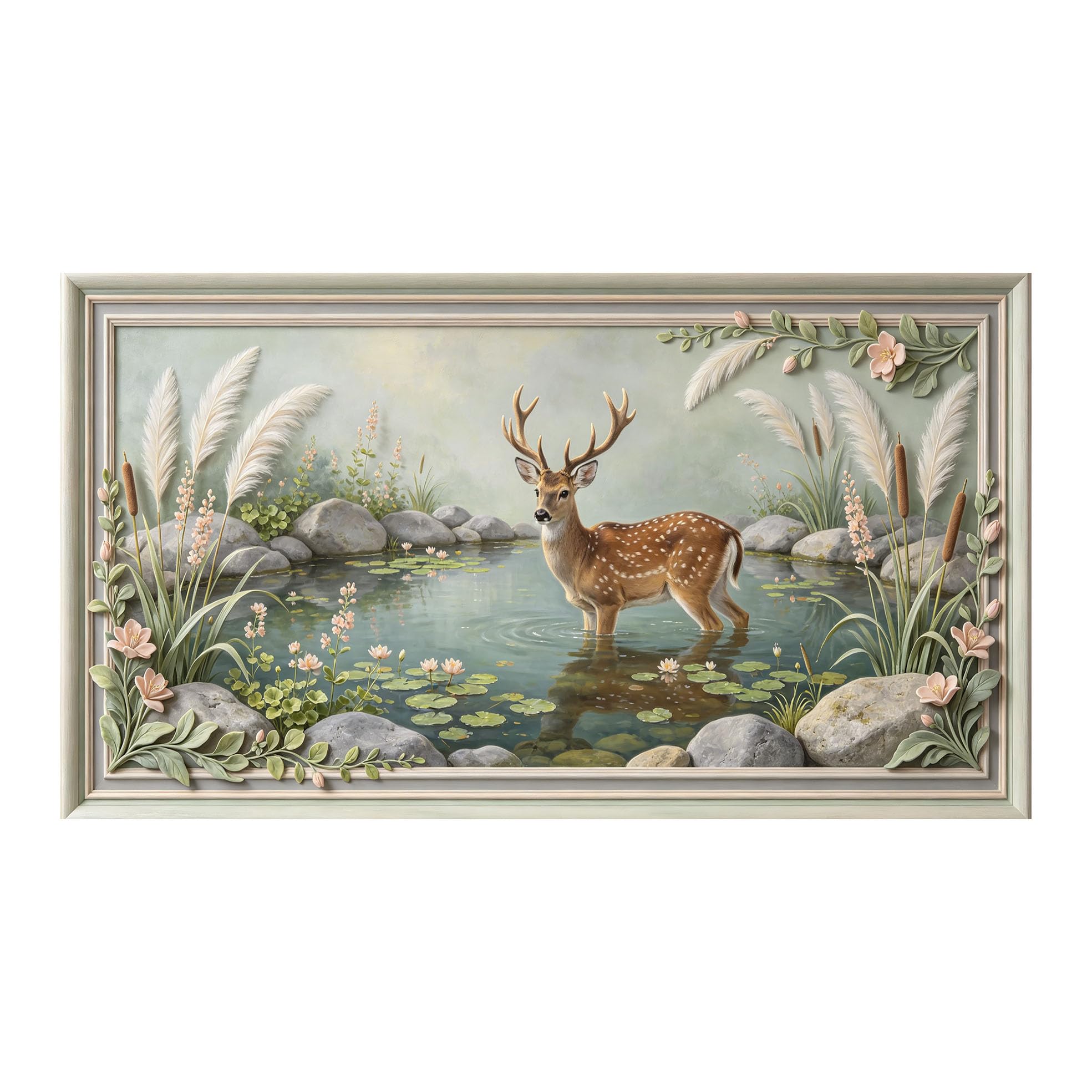 Yzpallescene 3D 3D Framed Wall Art 50cm×90cm Deer Forest Lake Pastoral Oil Painting Large Size SelfAdhesive Removable Wall Decor Prints Artwork for Living Room Bedroom Office