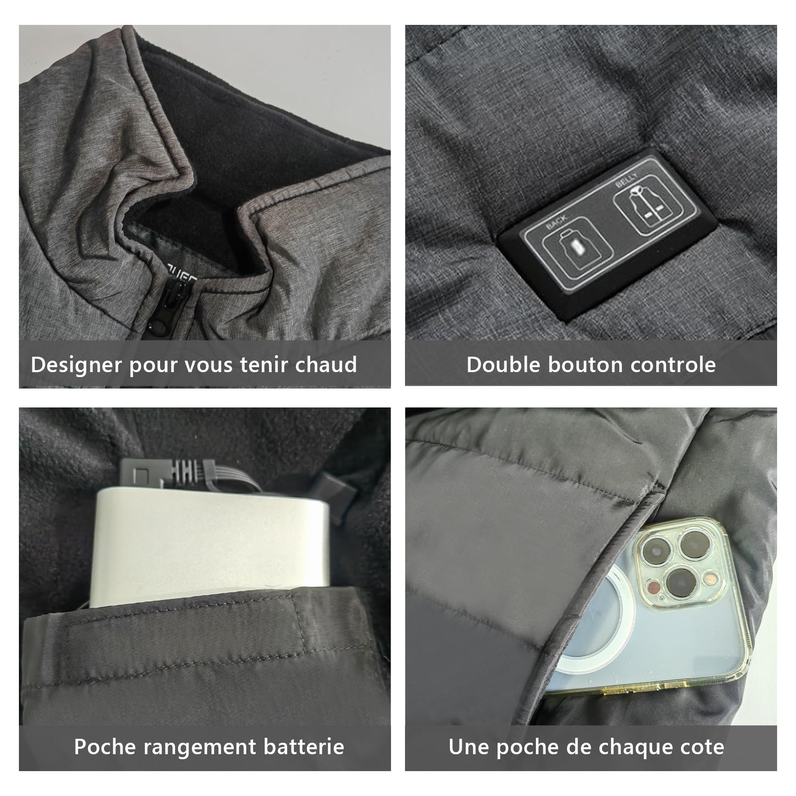 Gilet Chauffant électrique Homme Femmes 4 zones USB ultraléger Ski moto Pêche Camping