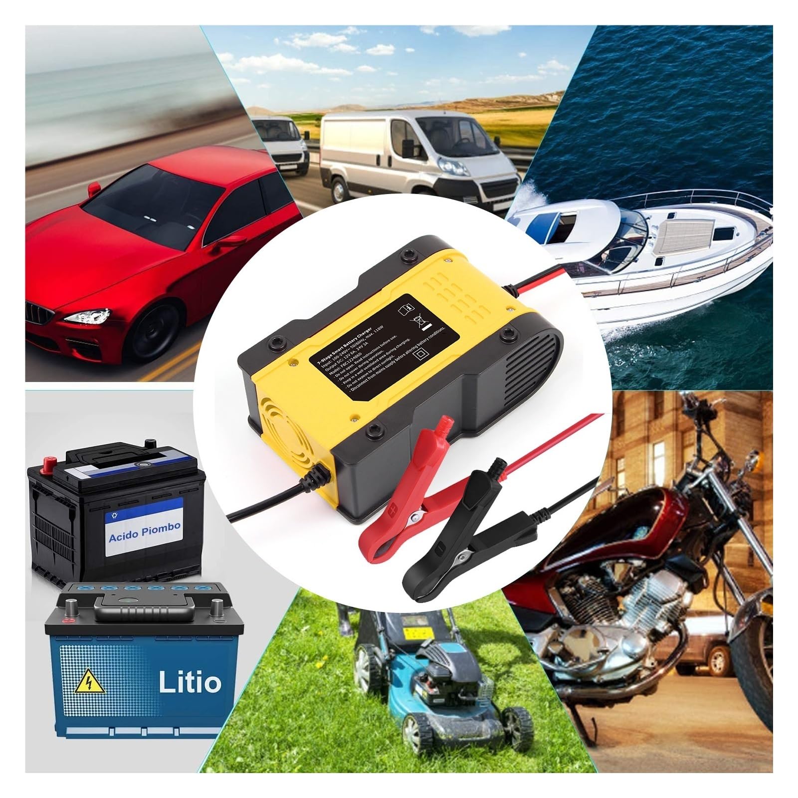 12V-24V 6A W Pełni Automatyczna Inteligentna Ładowarka Do Akumulatora 7-etapowa Samochodowa Mokrych Suchych Akumulatorów Kwasowo-ołowiowych-ładowarki Wyświetlacz LCD Precyzyjne łAdowanie(Yellow)
