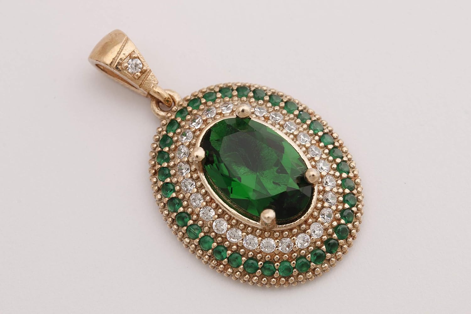 Turkish Handmade Jewelry Small Oval Shape Emerald and Round Cut Topaz 925 Sterling Silver Pendant