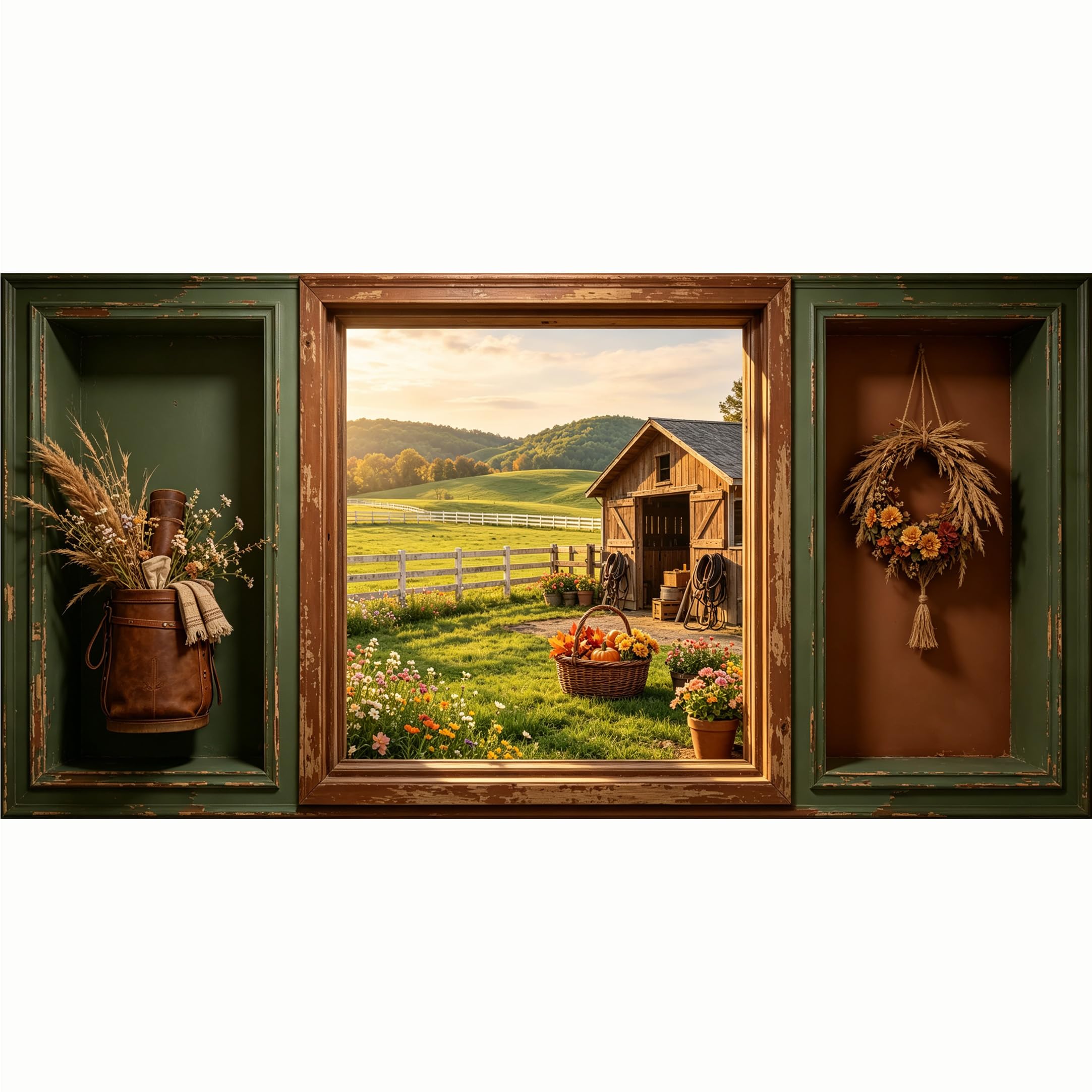 QZLITHOTIC 50x100cm 3D Framed Wall Art， Farmhouse Sunset Countryside Barn SelfAdhesive Mural， Water‑Activated Peel & Stick Fabric Decor Wall Decal for Bedroom Living Room