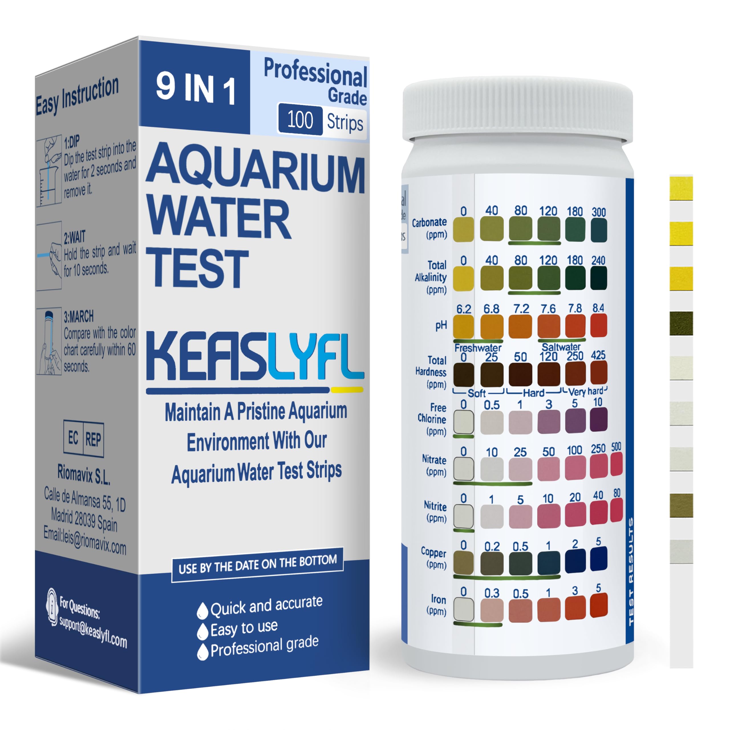 Kit de prueba de acuario con eBook-100 tiras 9 en 1, kit de prueba de agua salada y agua dulce para acuario, estanque y pecera, prueba de carbonato, alcalinidad, pH, dureza, cloro libre, nitrato,