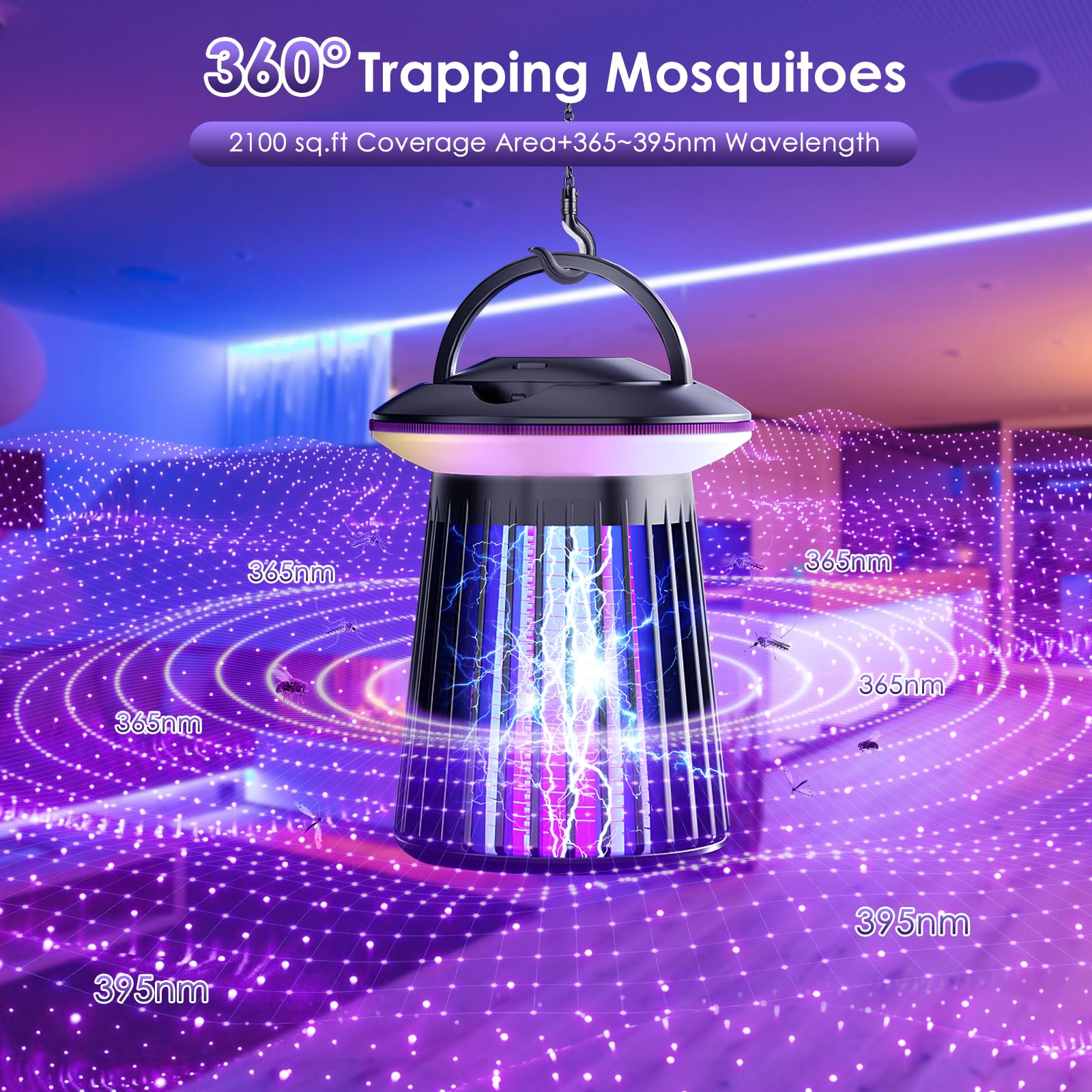 Bug Zapper Outdoor Indoor, 4-in-1 2000V Electric Mosquito Zapper with 2000mAh Battery, USB Charging, Low Noise, Portable Cordless Insect Zapper for Home Patio Kitchen Backyard Garden Porch - 2