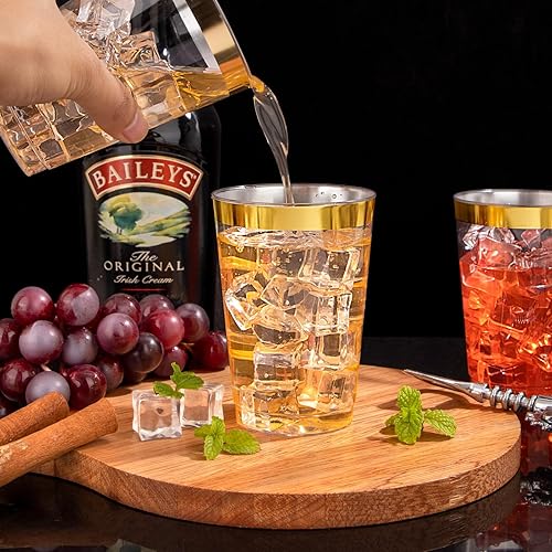 Miniatura 6 de 120 vasos de plástico dorados  Vasos de plástico resistentes de 12 onzas  Vasos de plástico desechables con borde dorado  Vasos de plástico de alta