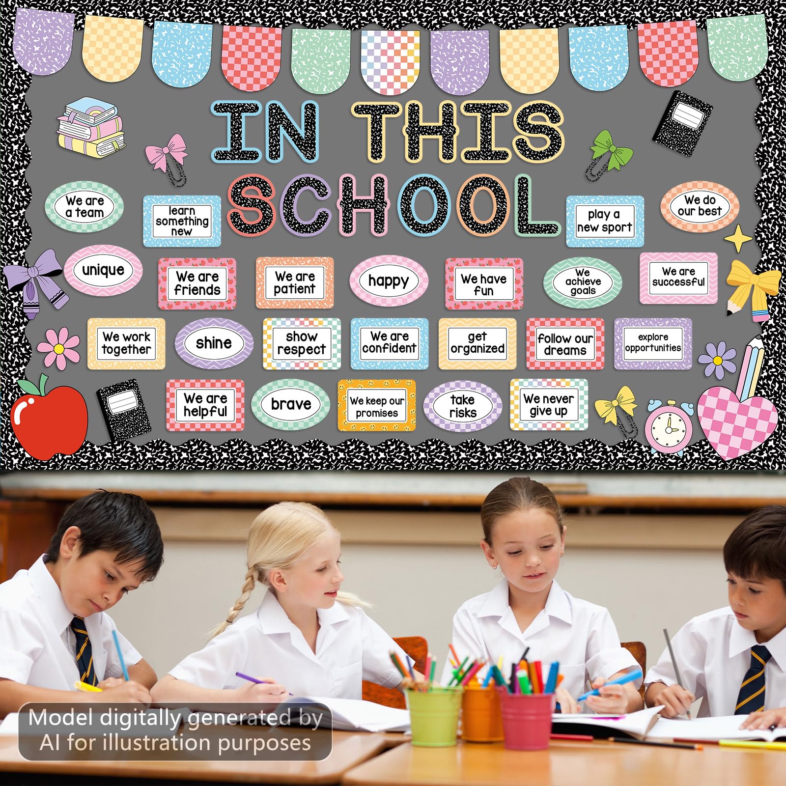 In This School - Tablero de anuncios motivacional para decoración de aula, estación de afirmación, composición tablón de anuncios inspirador positivo para volver a la escuela, recortes para el aula