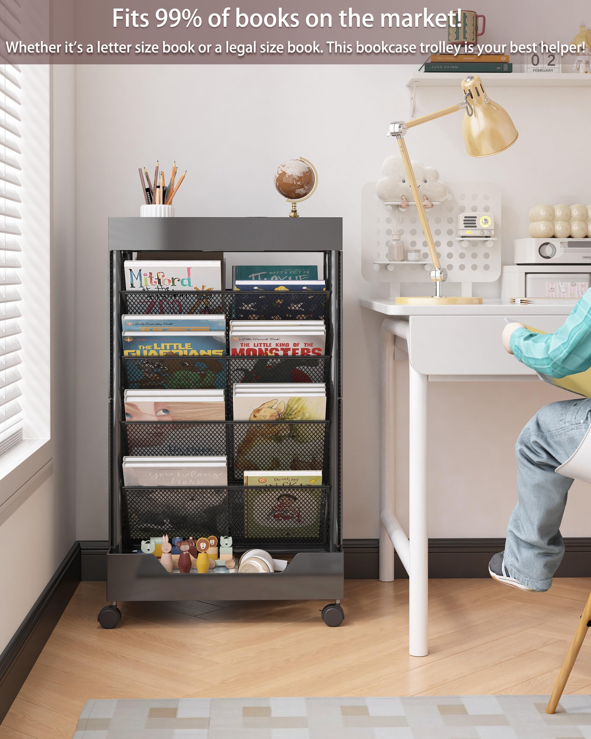 UMDONX Rollbarer Bücherwagen, doppelseitig, großes Fassungsvermögen, Bücherregal auf Rädern, für Zuhause, Büro, Klassenzimmer, hält A4, Briefe und Dokumente in rechtlicher Größe