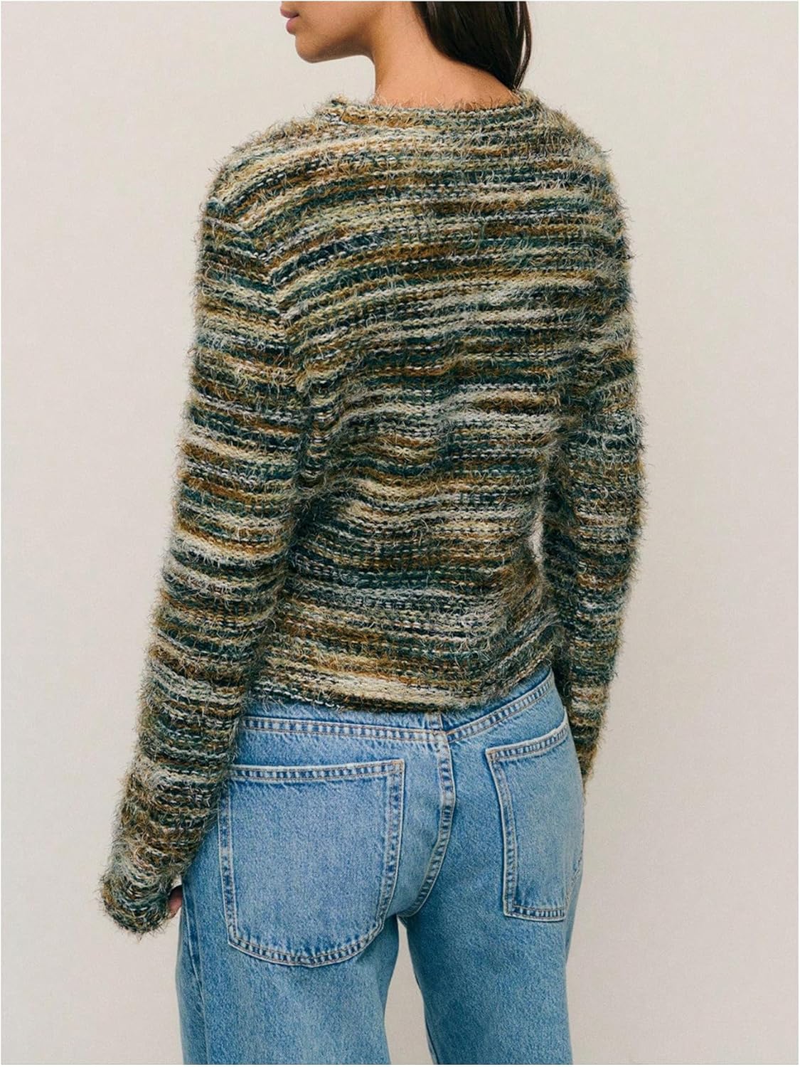 SOLY HUX Women's Fuzzy Striped Sweater Long Sleeve Crew Neck Knit Pullover Going Out Fall Jumper Tops - Image 2