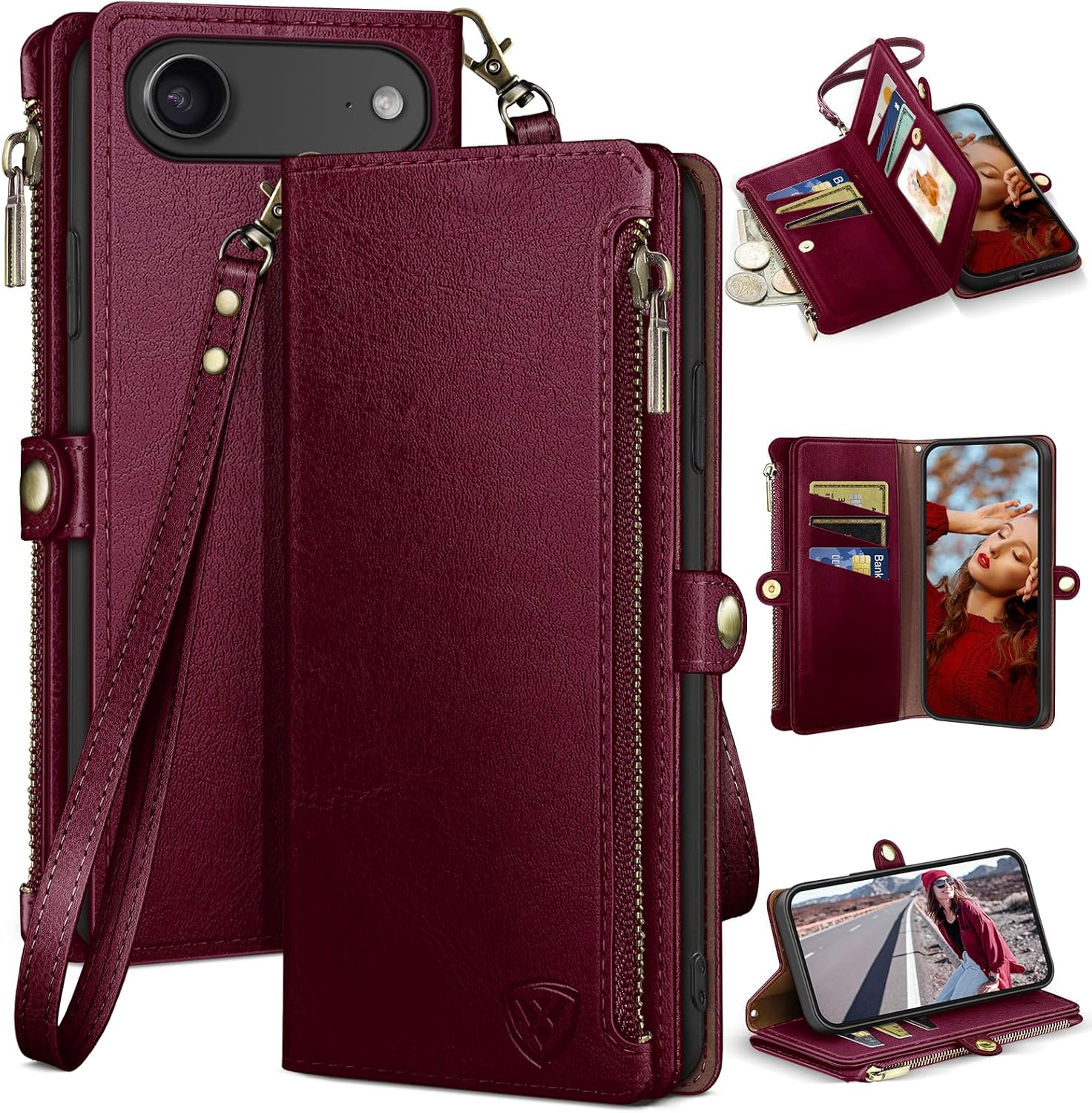 XcaseBar Compatible with iPhone Air 6.5" Wallet case with Zipper Credit Card Holder RFID Blocking ,Flip Folio Book PU Leather Phone case Shockproof Cover Women Men for Apple 17 Air case Wine Red