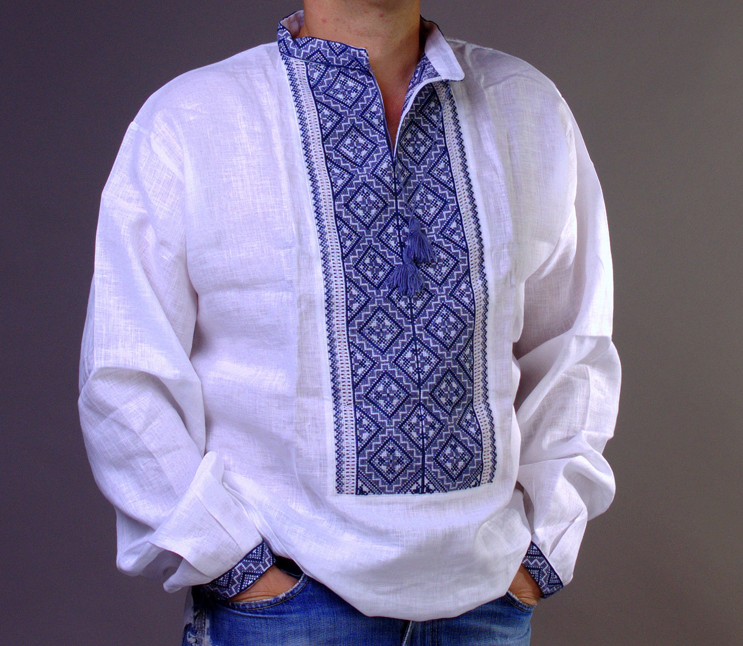 Amazon.com: Vyshyvanka Men Shirt Ukraine Handmade White Linen Gray