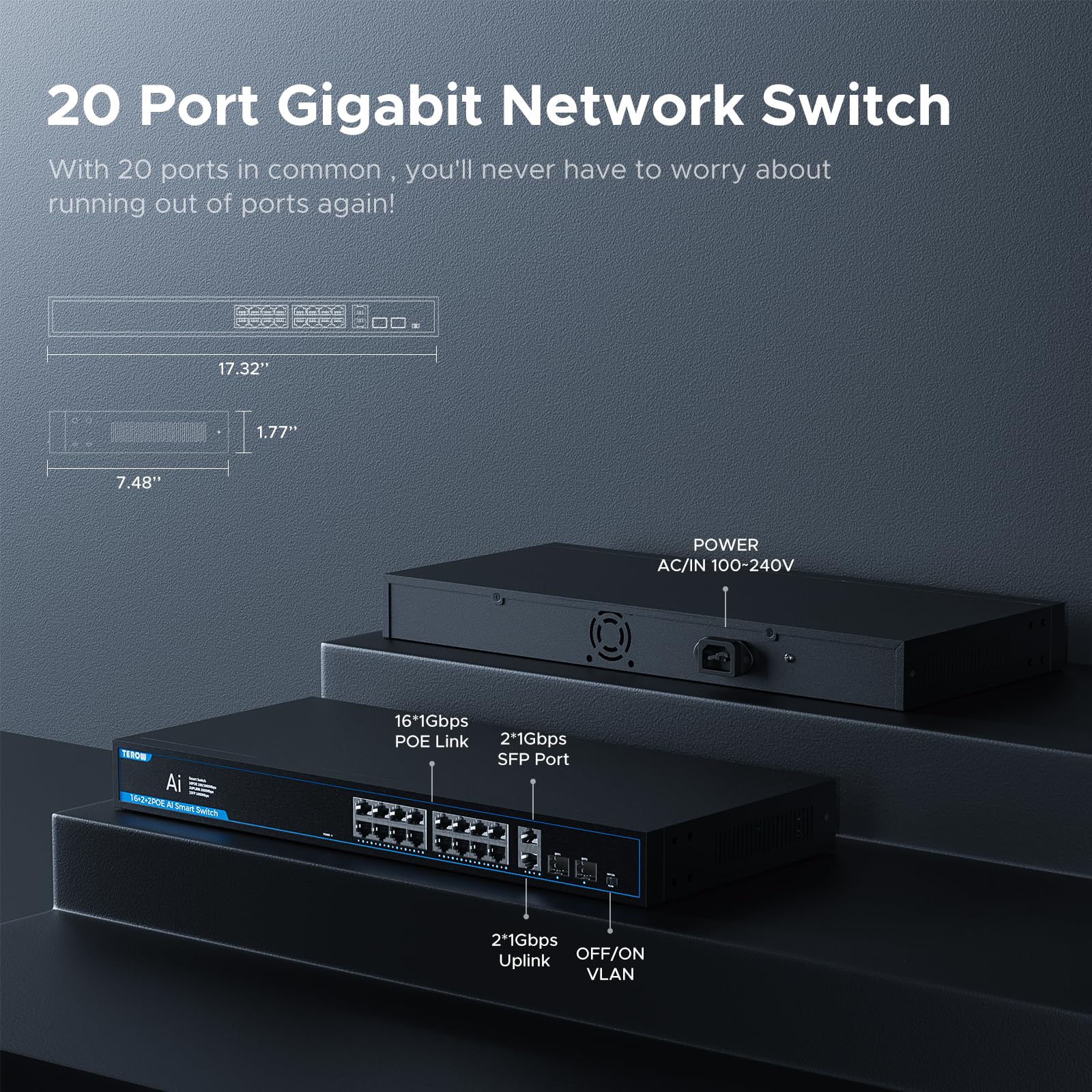 Switch di rete Gigabit a 20 porte con 16 porte PoE e 2 slot Uplink e 2 SFP - Conforme 802.3af/at, Plug & Play, ottimizzazione del traffico, design silenzioso senza ventola