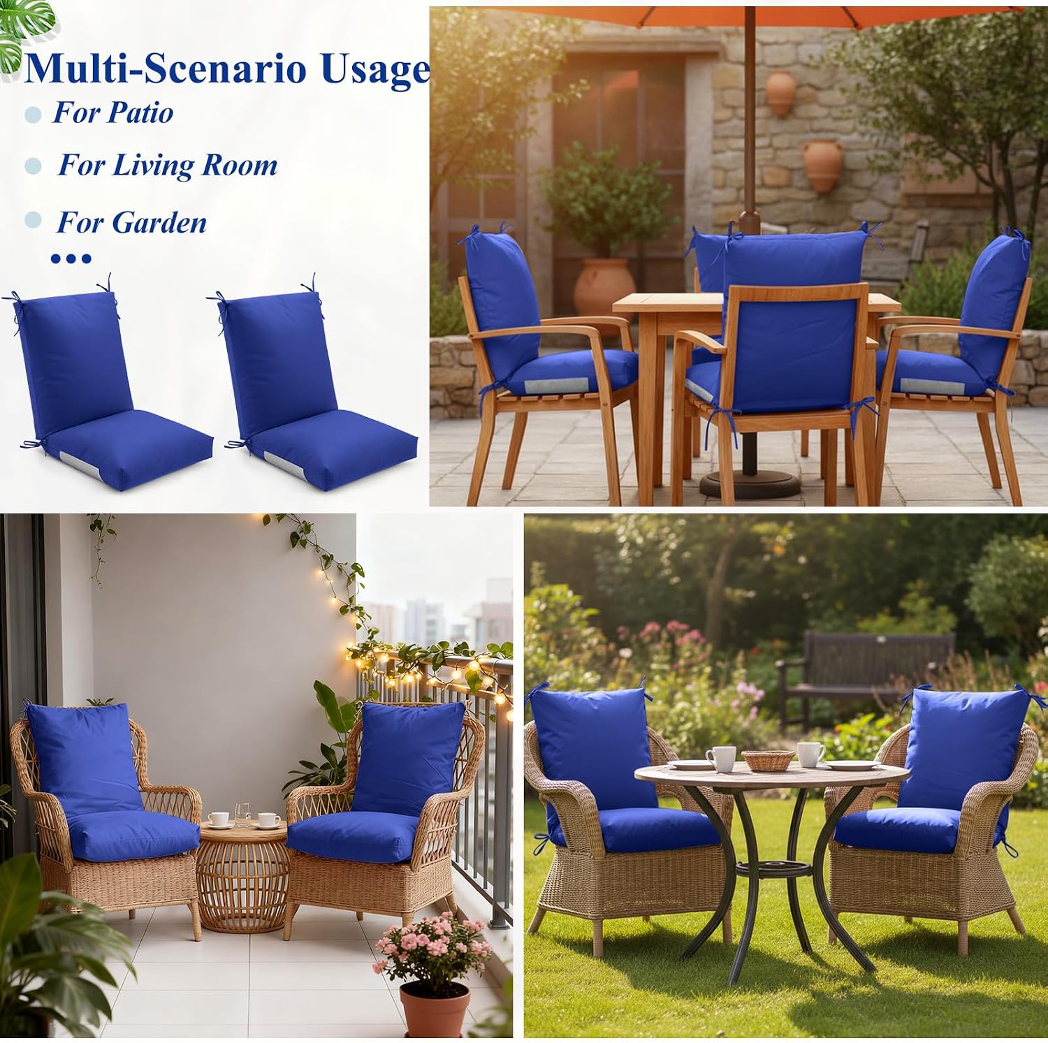Geelin 4 Pack High Back Patio Chair Cushions for Outdoor, 44 x 21 x 5 Inch Tufted Seat and Back Pads with Ties, Thick Weather Resistant Cushions for Outdoor Furniture (Navy Blue)