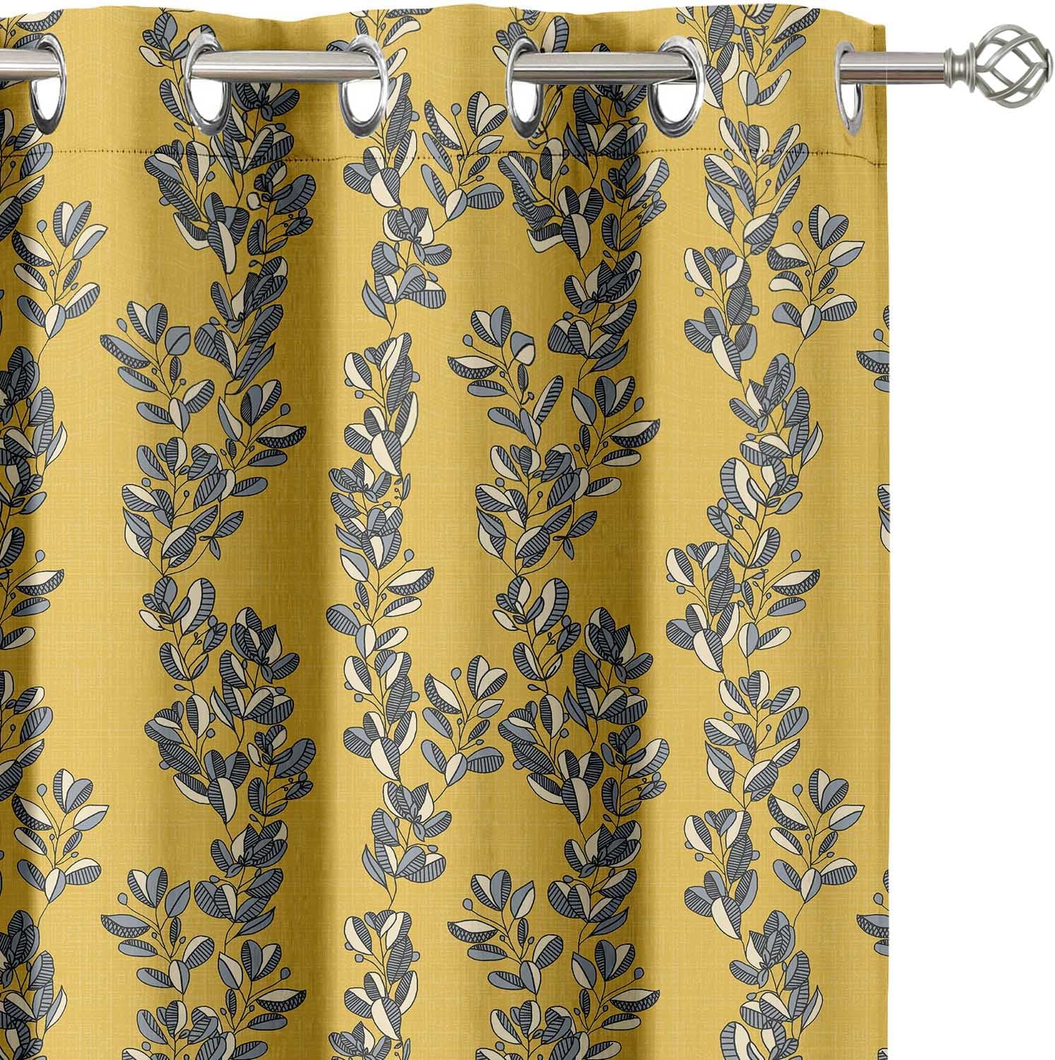 Printed Blackout Curtains - Yellow Leaf Vine Design, Set of 2 Panels, 42 x 63 Inches - Room Darkening, Thermal Insulated Window/Door Drapes with Grommets - Yellow