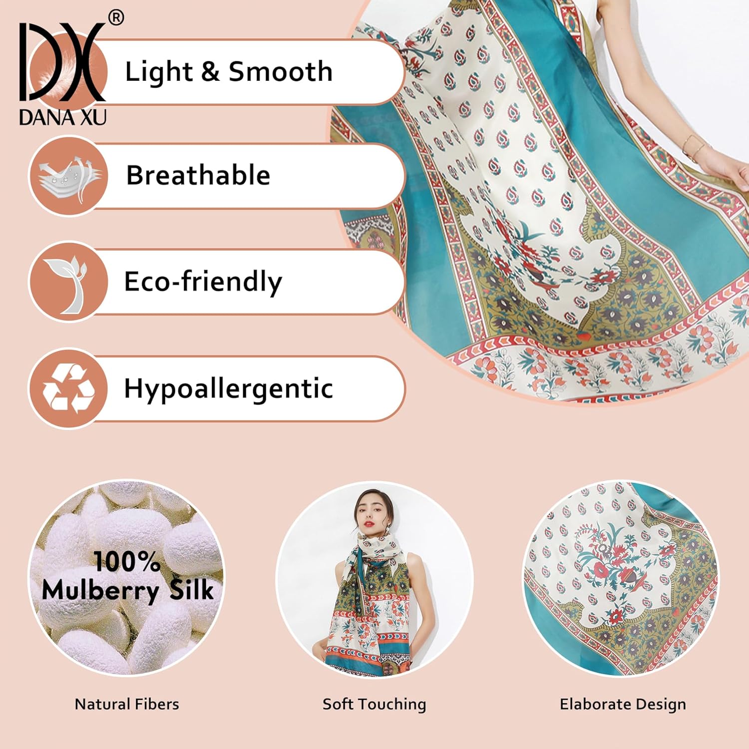 DANA XU Women's 100% Mulberry Silk Pashmina Shawl and Wraps Extra Large Floral Scarf for Evening Dresses, Soft Oversized - Image 4