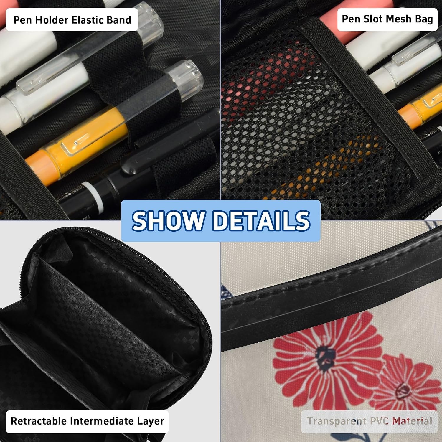 ALAZA Eiffeltier Tower Red Flower Pattern Large Capacity Pencil Case, Aesthetic Stationery Organizer Bag with Clear PVC Window, High Capacity Pen Pouch with Dividers for School Office Travel image 4