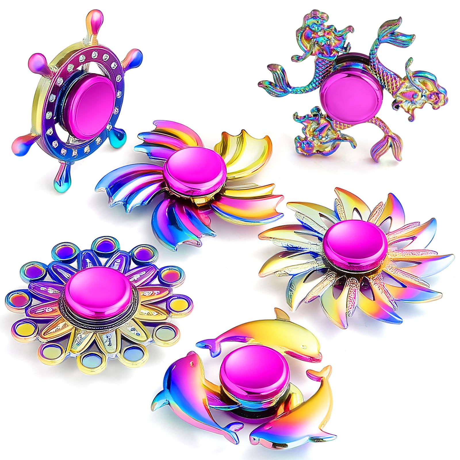 SCIONE 6 Pack Metal Fidget Spinners, Ocean Mystery Series Rainbow Alloy Sensory Toys for Stress Relief, 2-3 Min Smooth Spin Fidget Pack, Unique Fingertip Gyro for Kids Adults, Party Bag Fillers