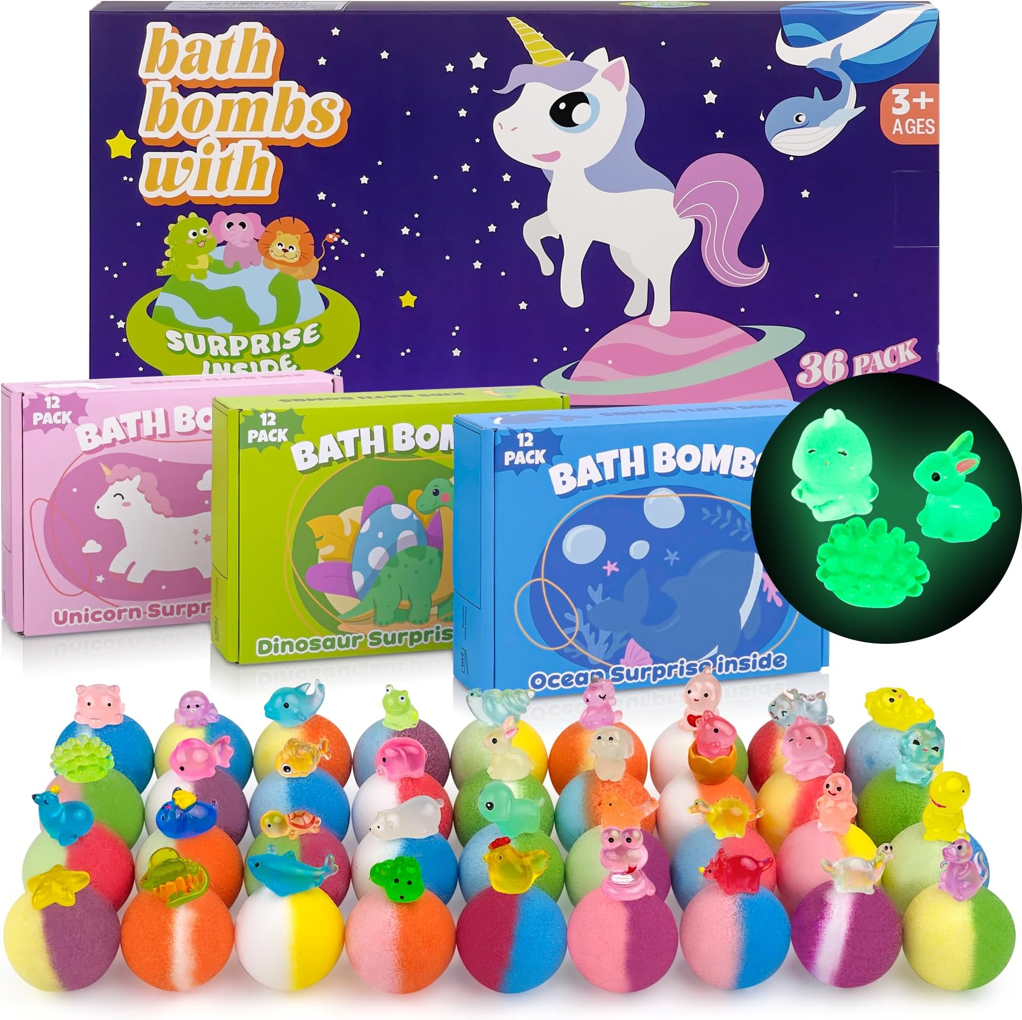 Bath Bombs for Kids with Toy Inside, 36 Pcs Bath Bombs with Glow in The Dark Dinosaur, Animal and Ocean Surprise Inside, Handmade Organic Bubble Bath Ball Gift Set for Birthday, Easter, Christmas