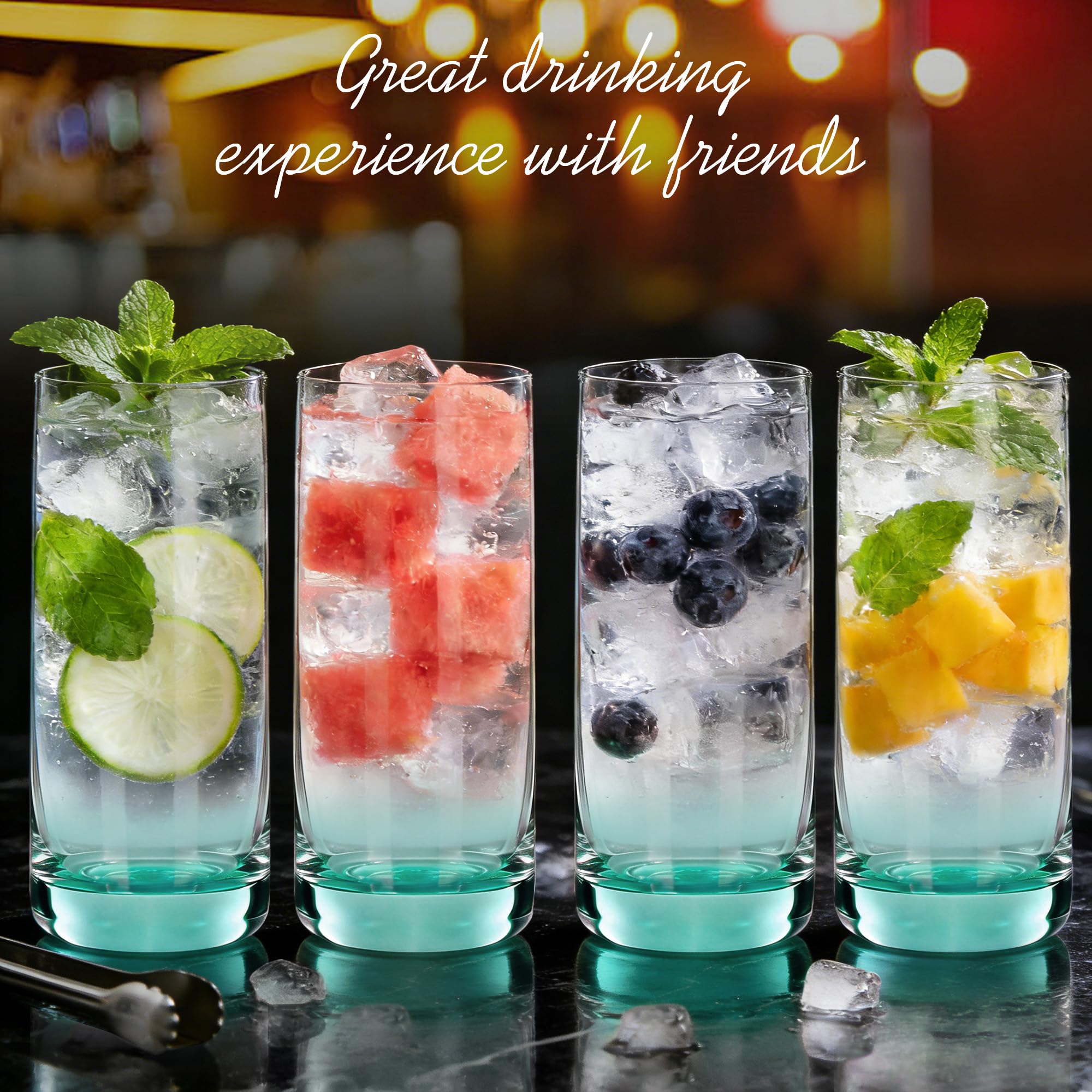 Verres Long Drink Set de 6, 385 ml Verres à Cocktail Verts | Verres pour Mojito, Gin Tonic, Soda, Bière et Eau, Verres Hauts Épais & Stables pour Cuisine, Bar et Fêtes