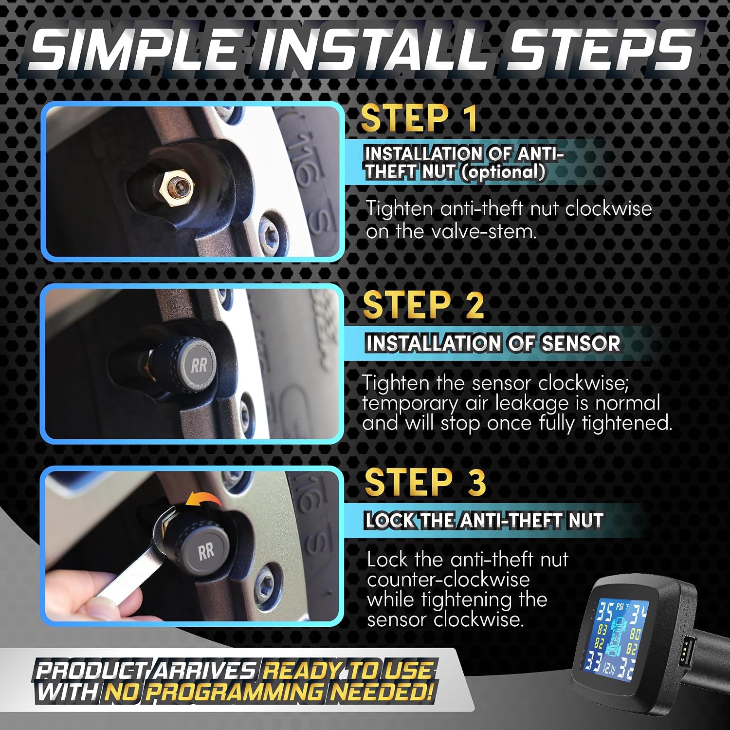 MARCALA Plug-In TPMS Tire Pressure Monitor System | Set of 4 Tire Pressure Sensor | Tire Pressure Monitoring system for Cars, Trucks, Vans(0-98PSI) | 32Ft Range Tire Monitoring System w/ 6 Alarm Modes