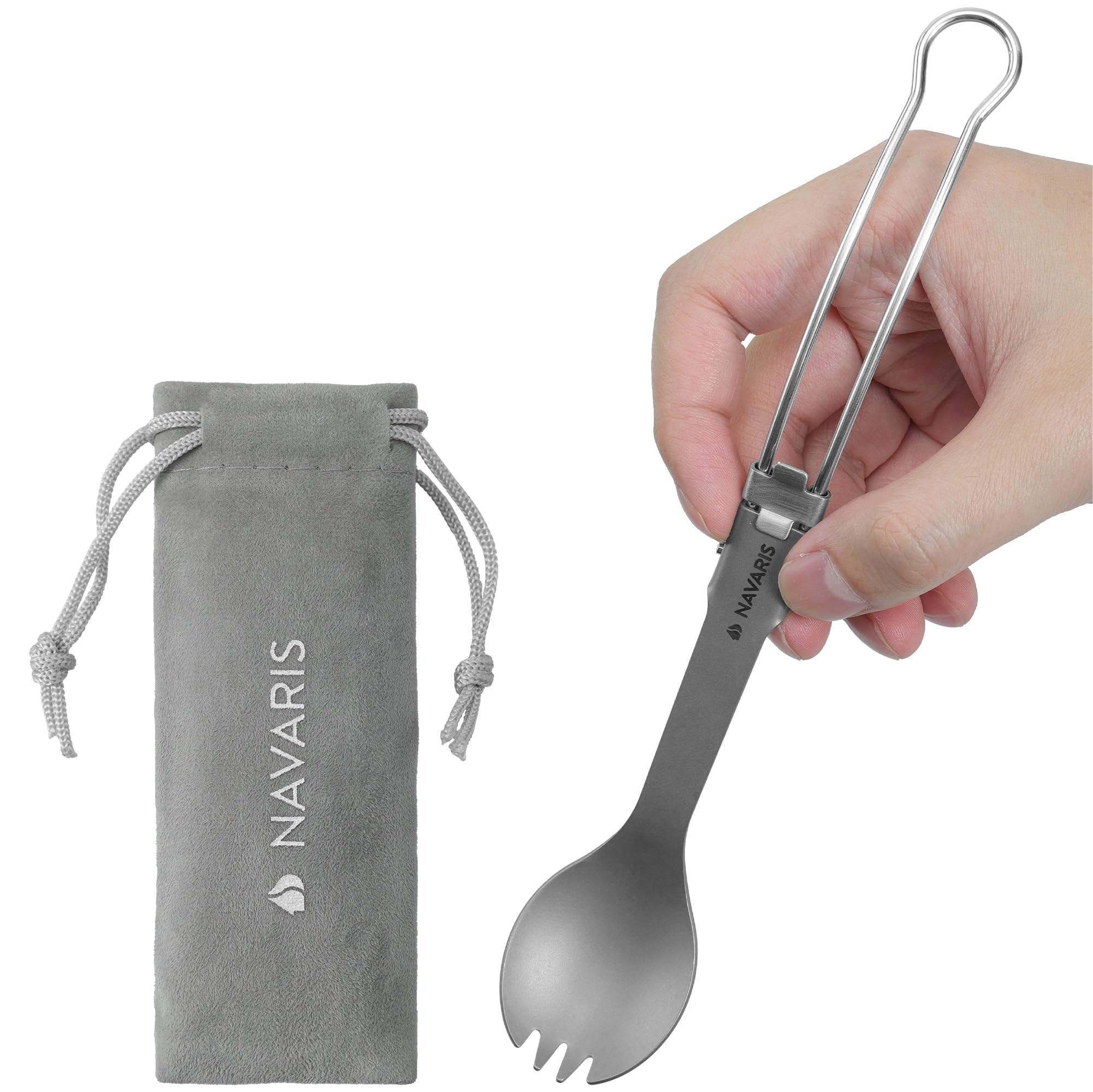 Navaris Spork Pieghevole - Cucchiaio Forchetta 2 in 1 da 21,5 cm - Posate da Campeggio Pieghevoli in Acciaio Inox e Titanio - Include Portaposate da Viaggio in Flanella