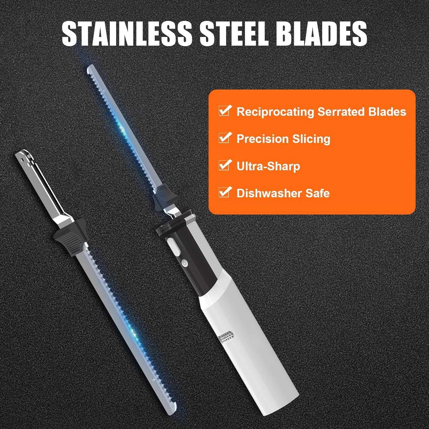 Cuchillo eléctrico inalámbrico para tallar carne con 2 cuchillas dentadas de acero inoxidable de 8 pulgadas y liberación de gatillo de bloqueo de seguridad, cuchillo para tallar eléctrico, cuchillo