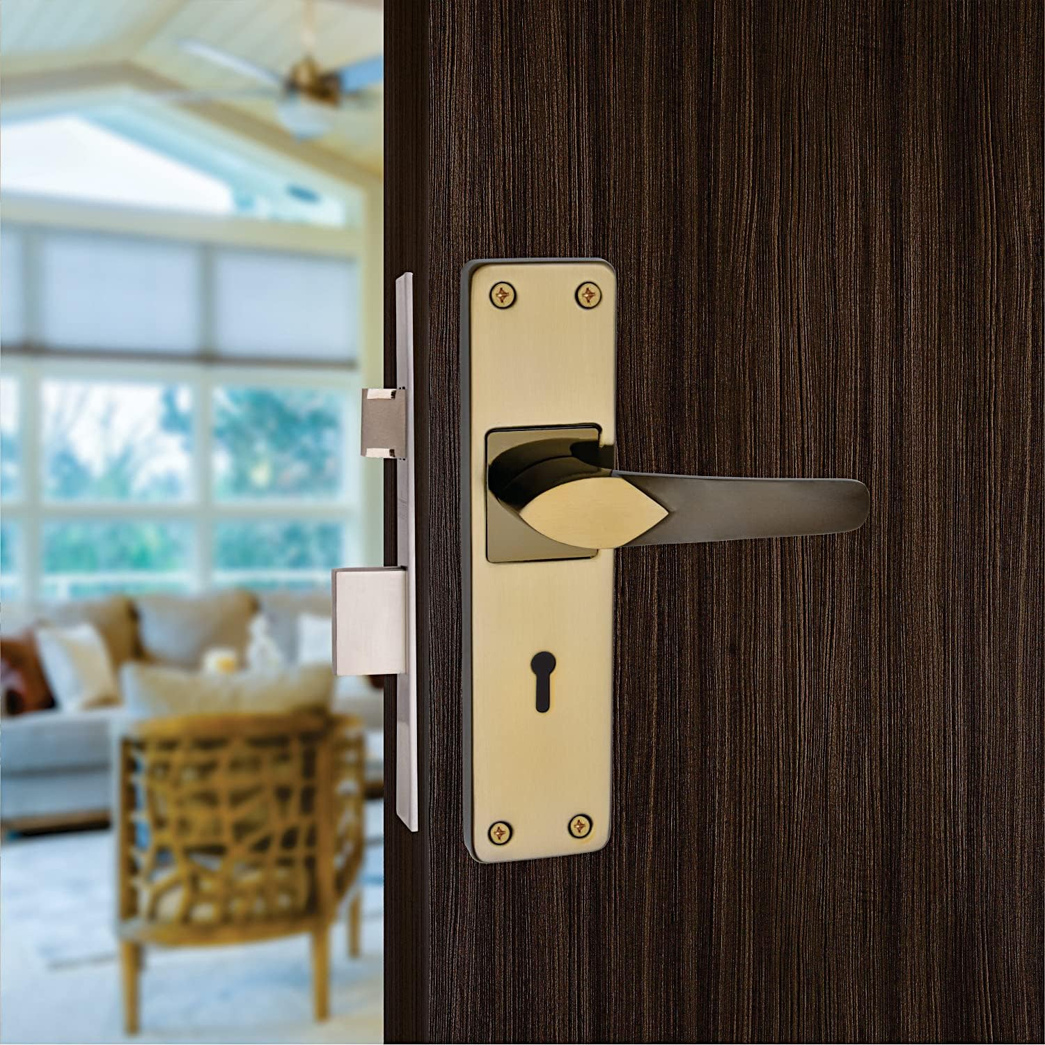 AXION 8 inches Mortice Door Handle Lock Set A111 KY Black Gold Finish with 65mm Double Turn Door Lock 6 Lever with 3 Keys, Mortise Lock, Door Locks