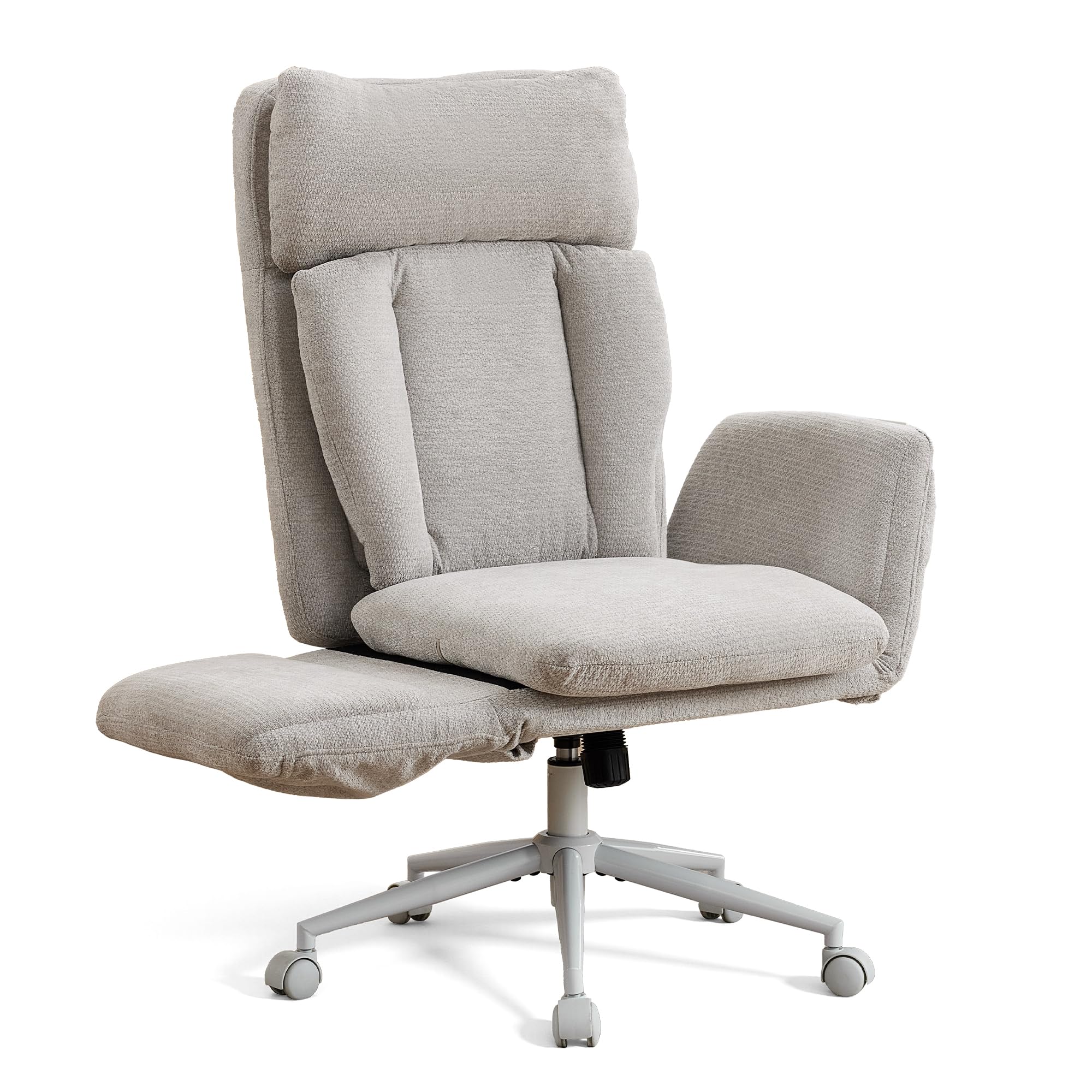 Großer Bürostuhl ergonomisch, Chefsessel mit klappbaren Armlehnen, höhenverstellbar Schneidersitz Schreibtischstuhl mit Rollen, Chenille Drehstuhl mit Verstellbarer Lendenstütze, Grau
